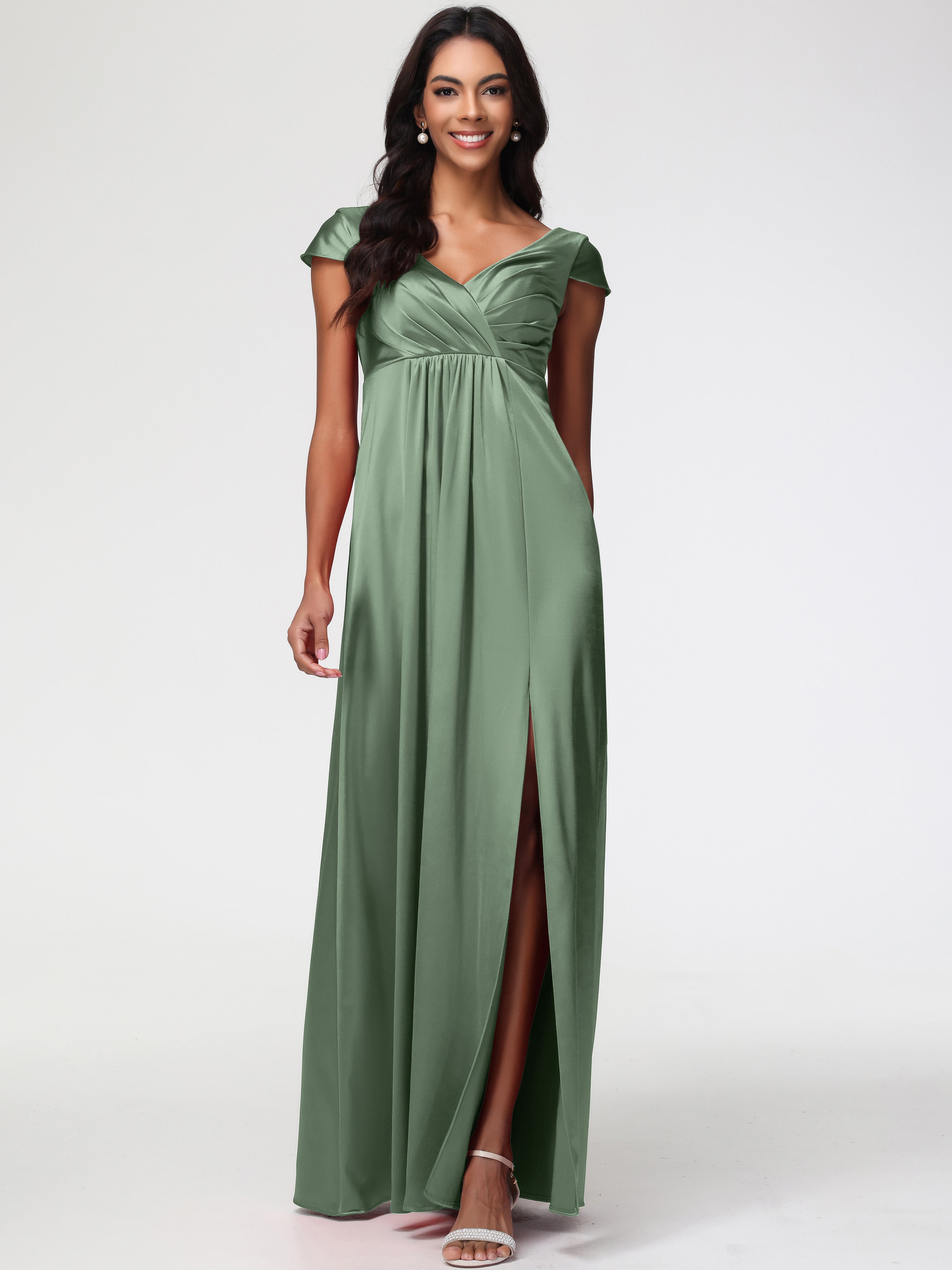 Sauge Poussiéreuse De Demoiselle D'Honneur Col V Satin Extensible Robe Demoiselle D Honneur Manche Courte