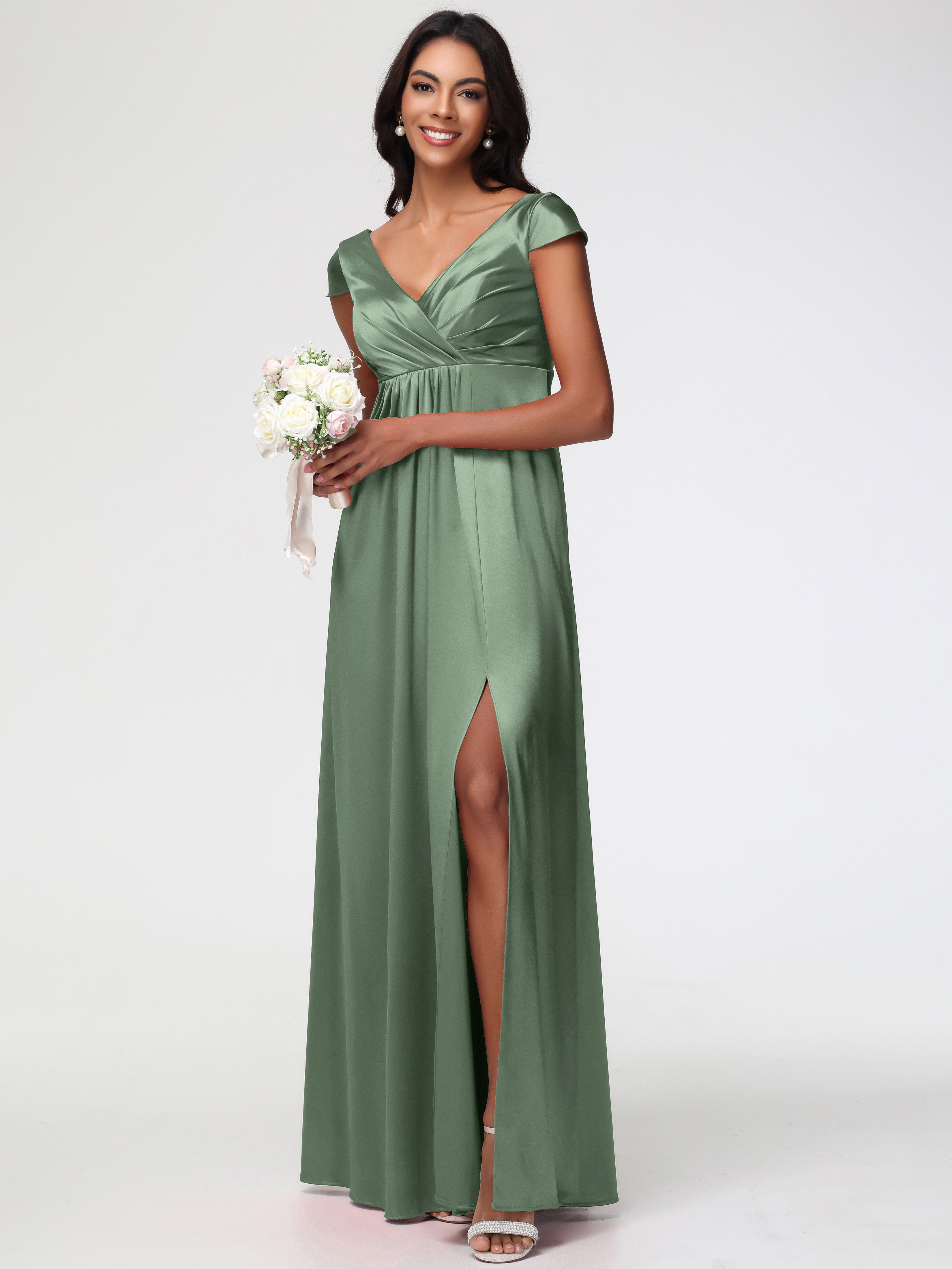 Sauge Poussiéreuse De Demoiselle D'Honneur Col V Satin Extensible Robe Demoiselle D Honneur Manche Courte