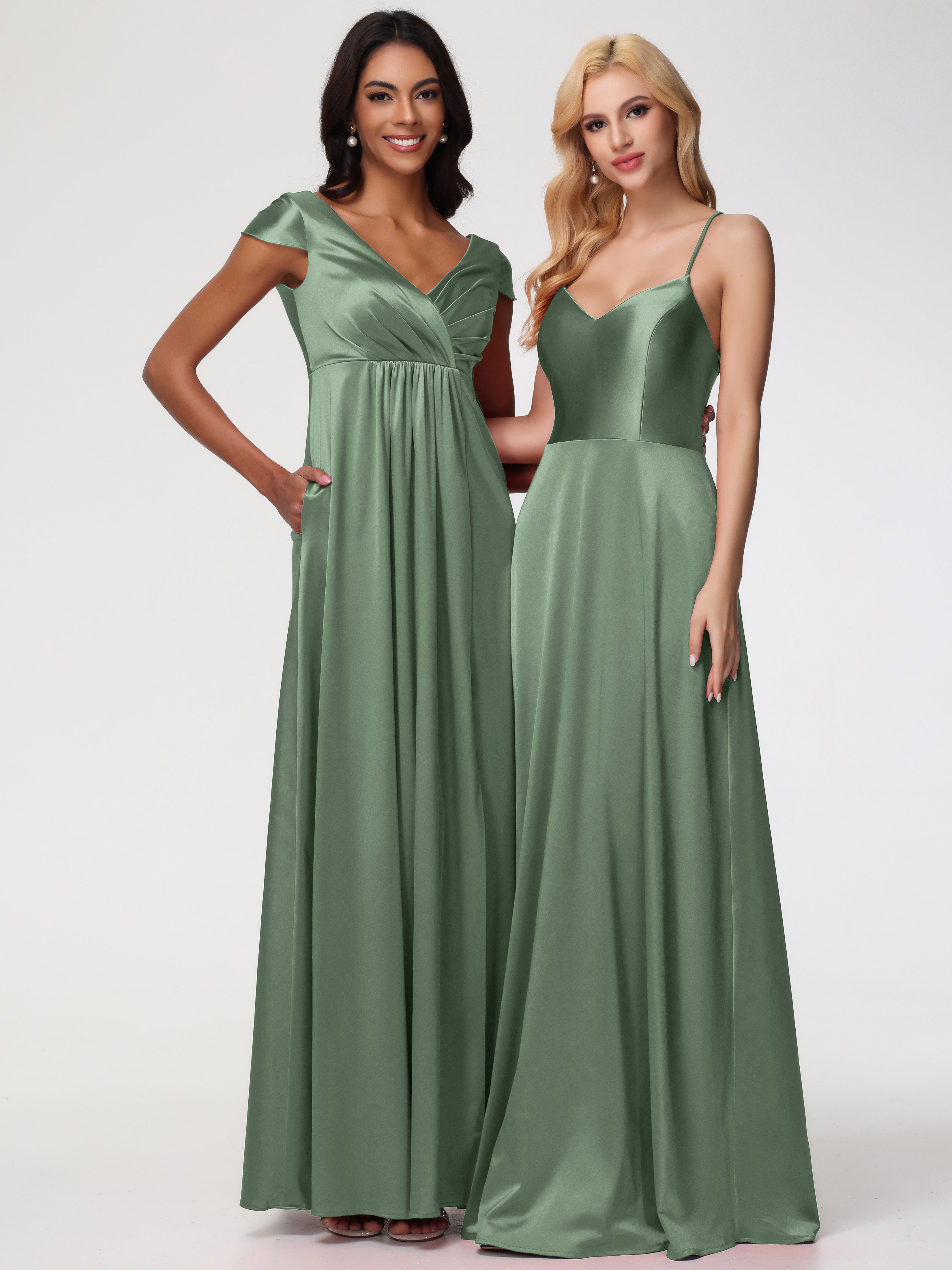Sauge Poussiéreuse De Demoiselle D'Honneur Col V Satin Extensible Robe Demoiselle D Honneur Manche Courte