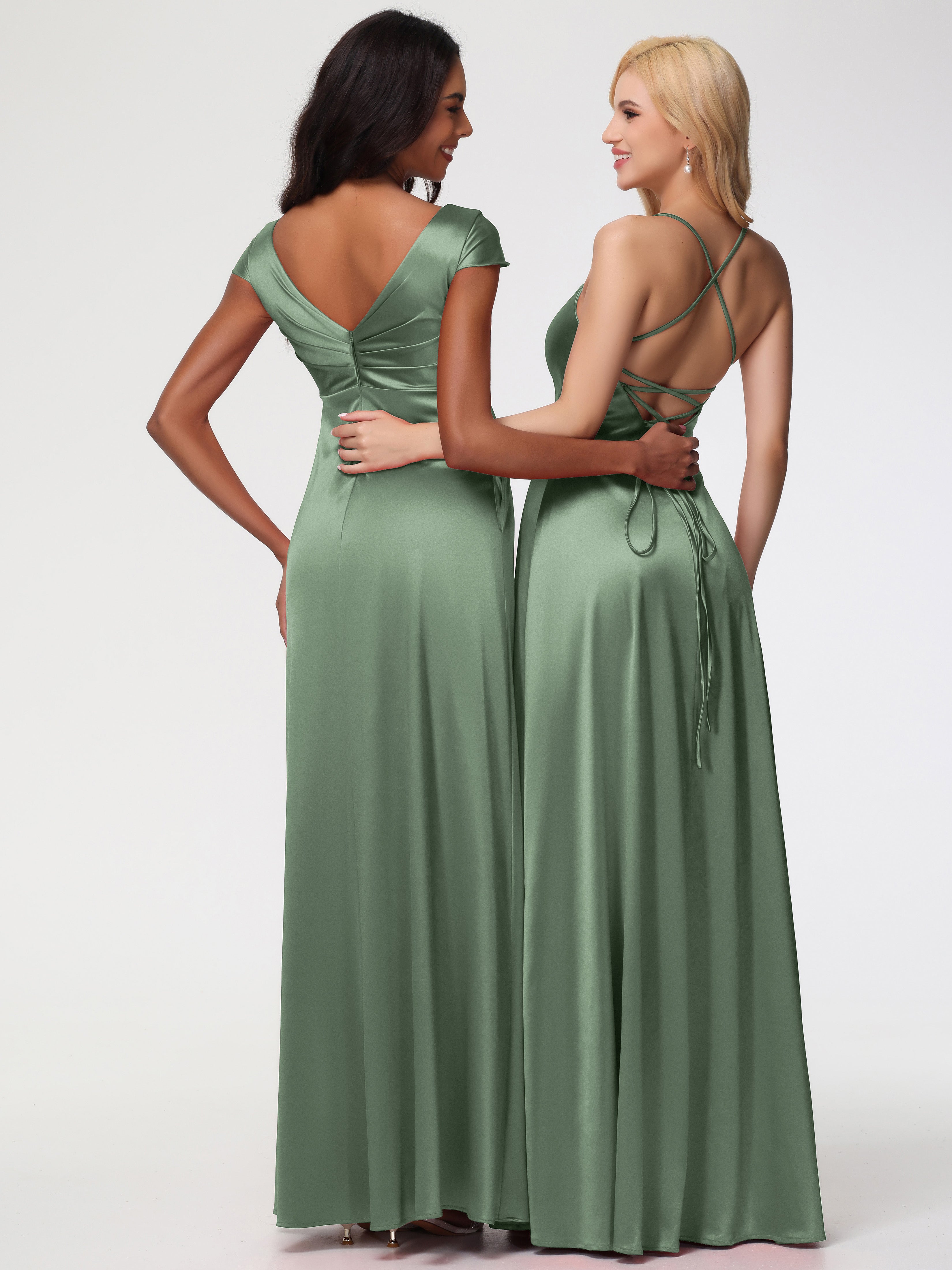 Sauge Poussiéreuse De Demoiselle D'Honneur Col V Satin Extensible Robe Demoiselle D Honneur Manche Courte