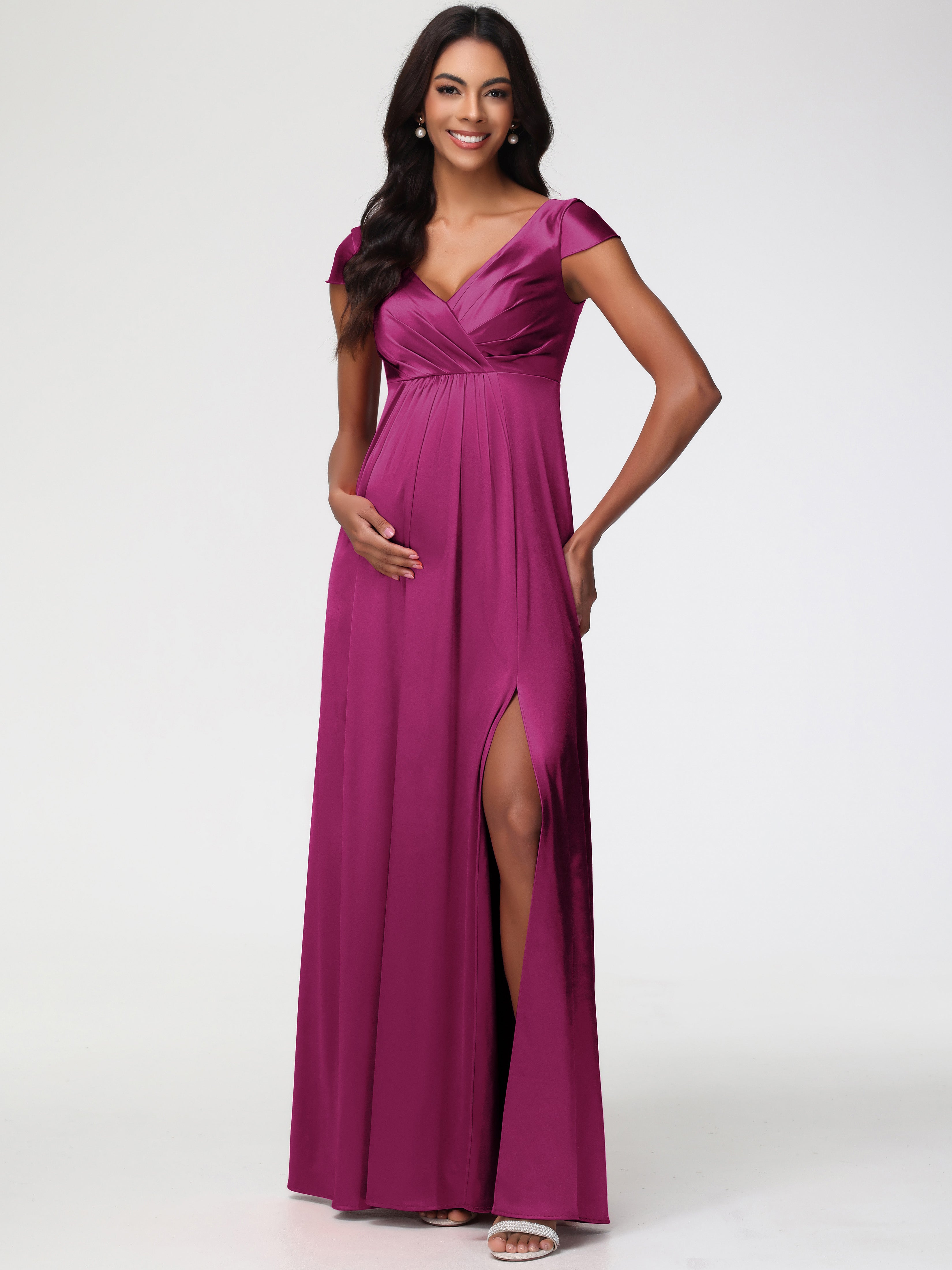 Robe Demoiselle D Honneur Fuchsia Col V Satin Extensible Robe Demoiselle D Honneur Manche Courte