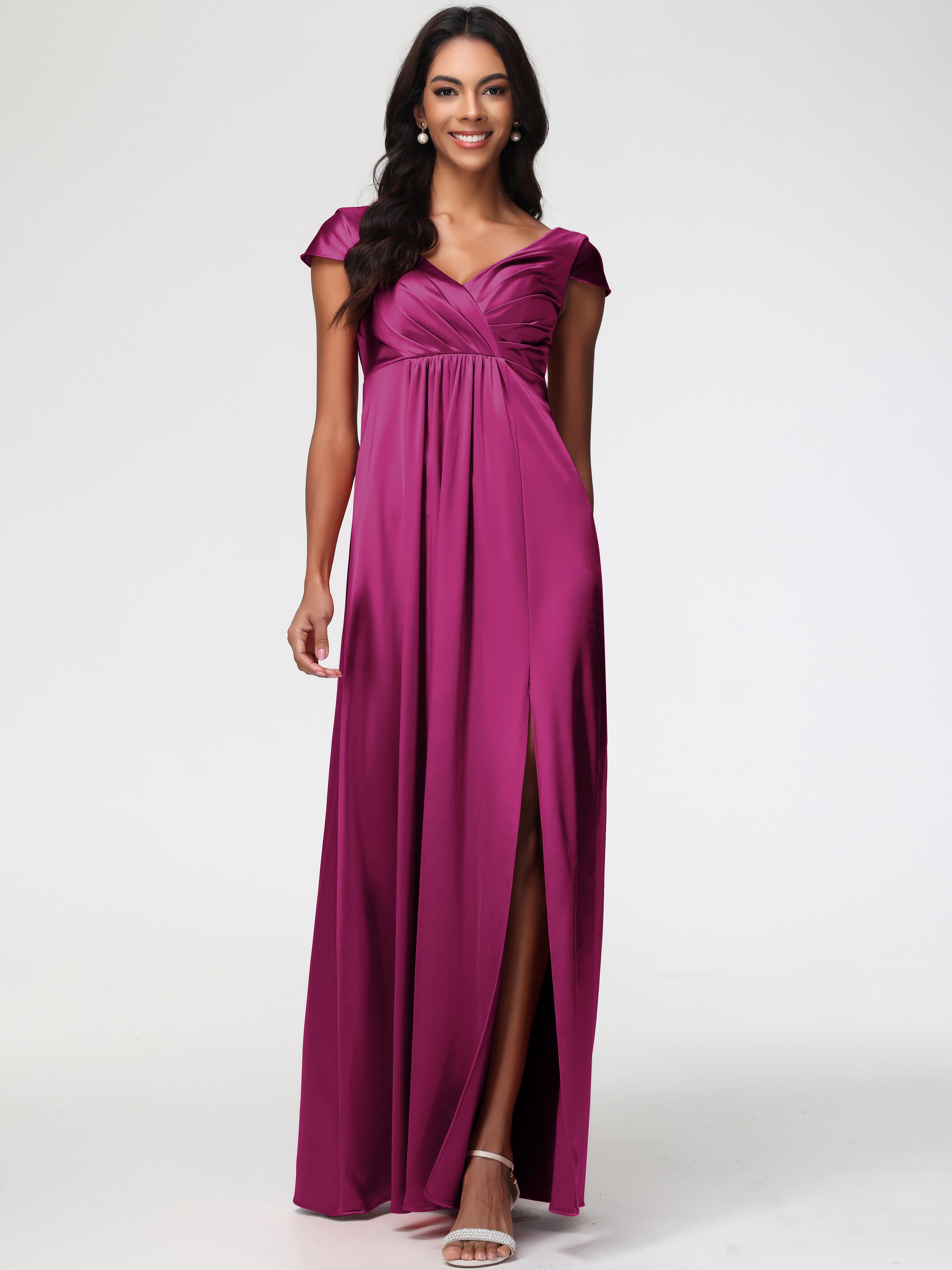 Robe Demoiselle D Honneur Fuchsia Col V Satin Extensible Robe Demoiselle D Honneur Manche Courte