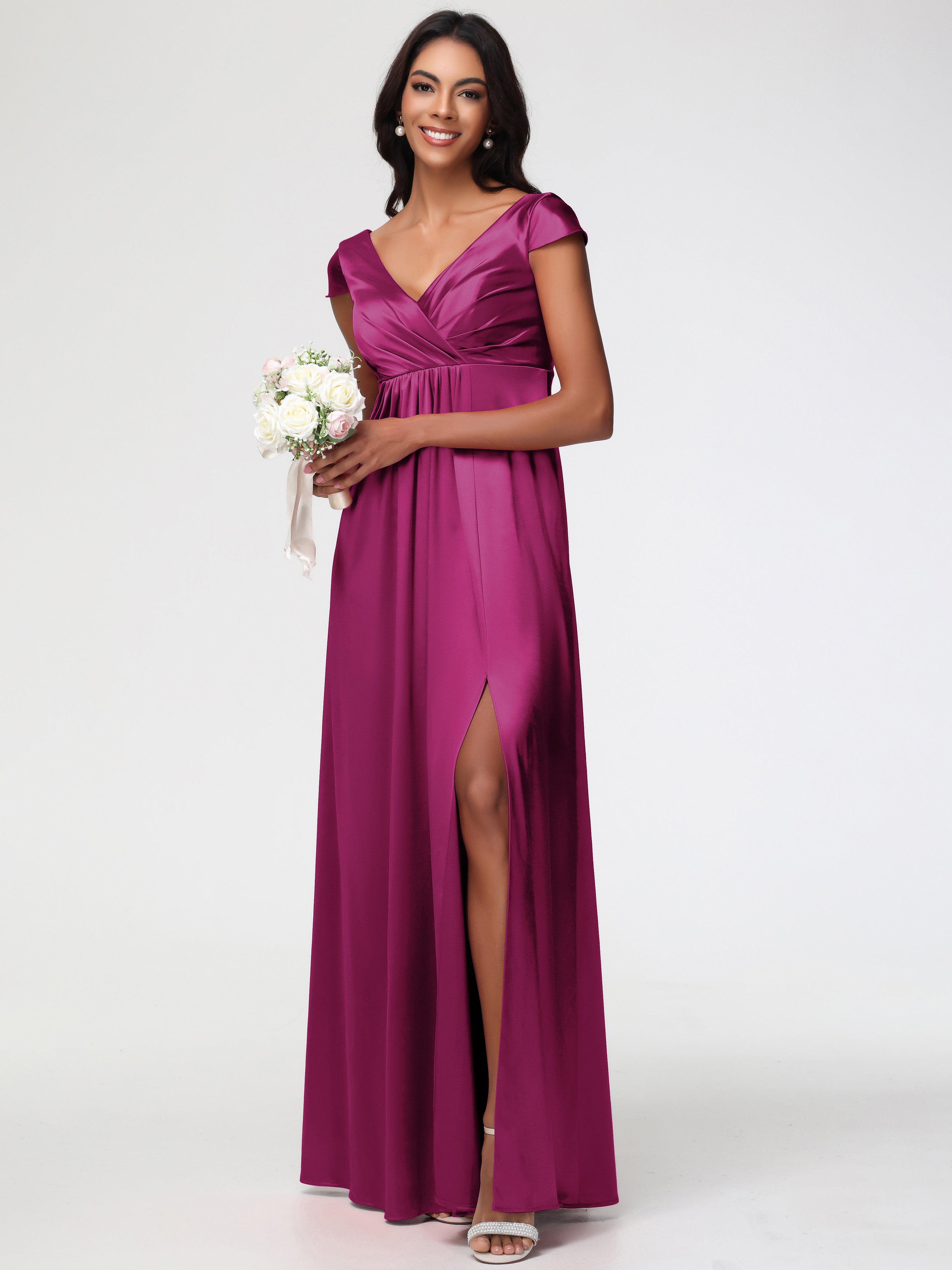 Robe Demoiselle D Honneur Fuchsia Col V Satin Extensible Robe Demoiselle D Honneur Manche Courte