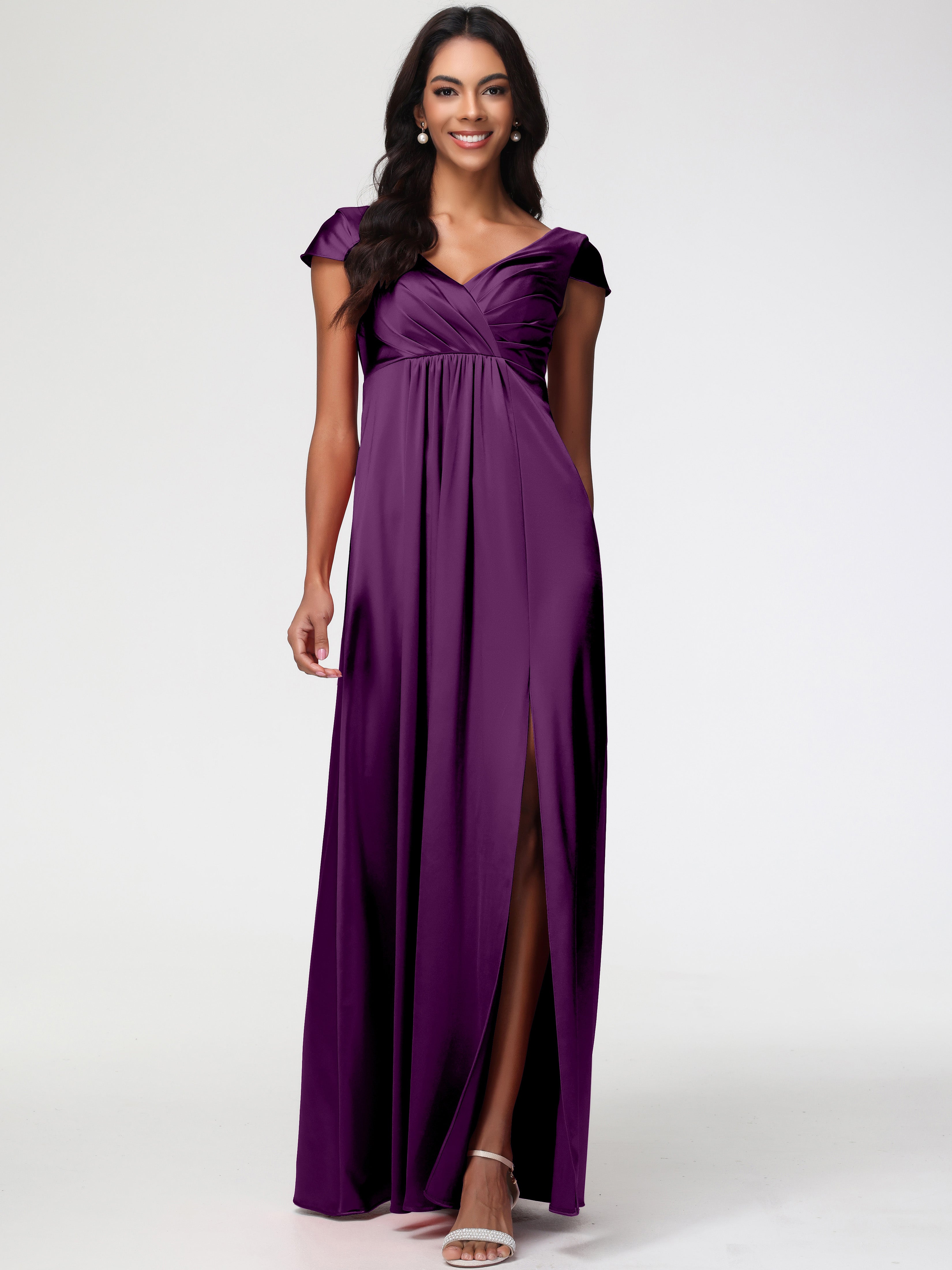 Robes De Demoiselle D'Honneur En Raisin Col V Satin Extensible Robe Demoiselle D Honneur Manche Courte