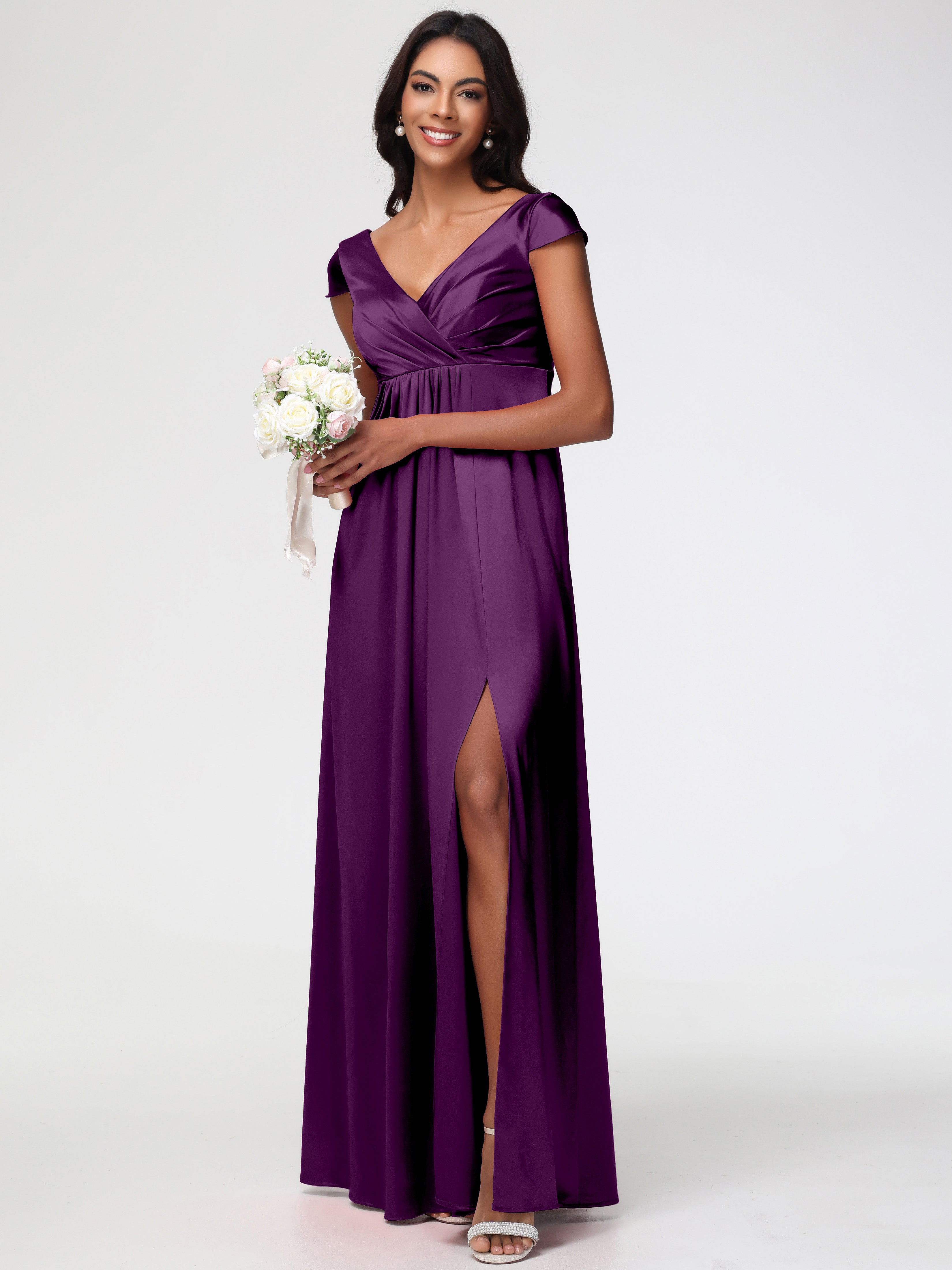 Robes De Demoiselle D'Honneur En Raisin Col V Satin Extensible Robe Demoiselle D Honneur Manche Courte