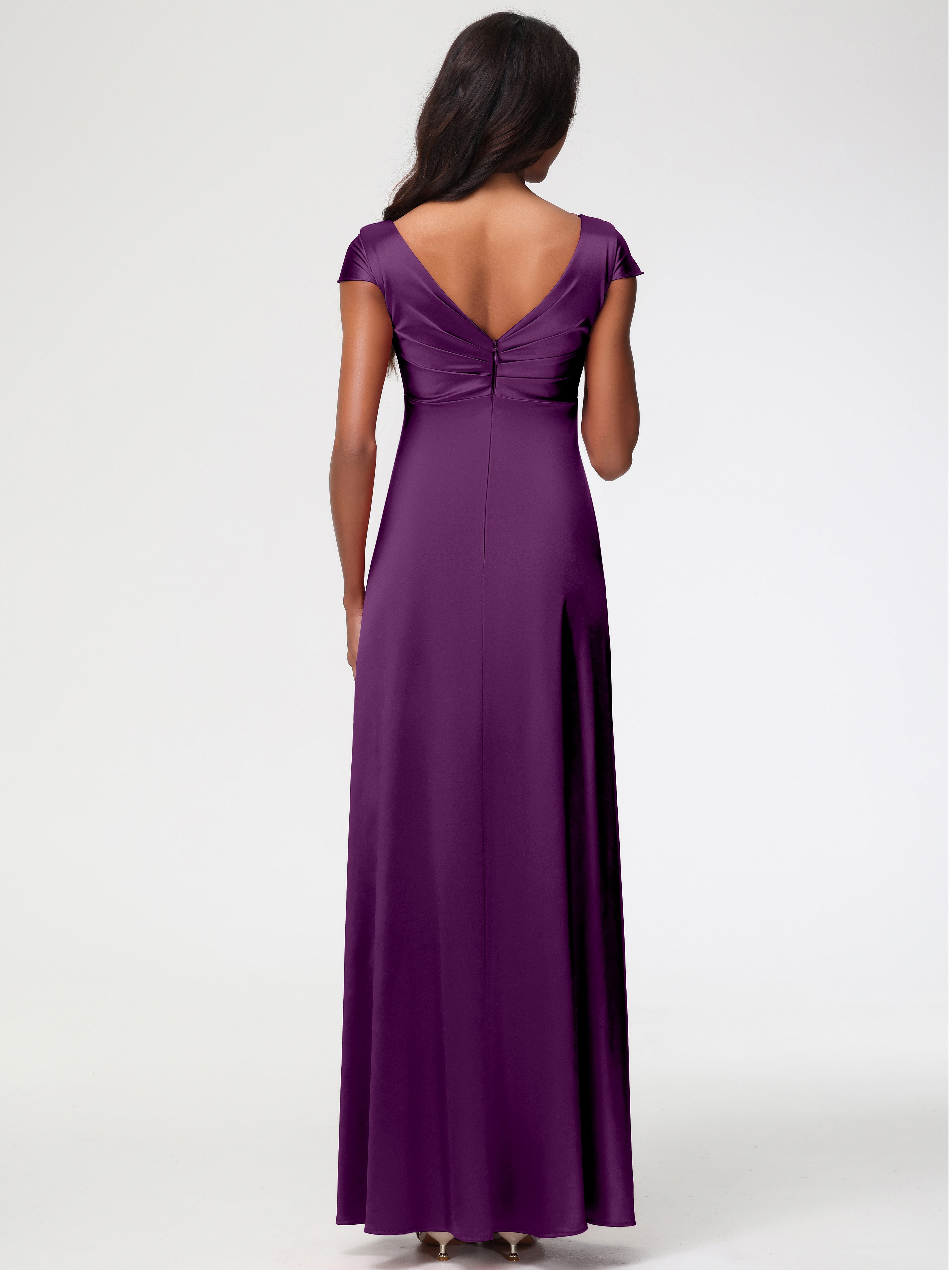 Robes De Demoiselle D'Honneur En Raisin Col V Satin Extensible Robe Demoiselle D Honneur Manche Courte