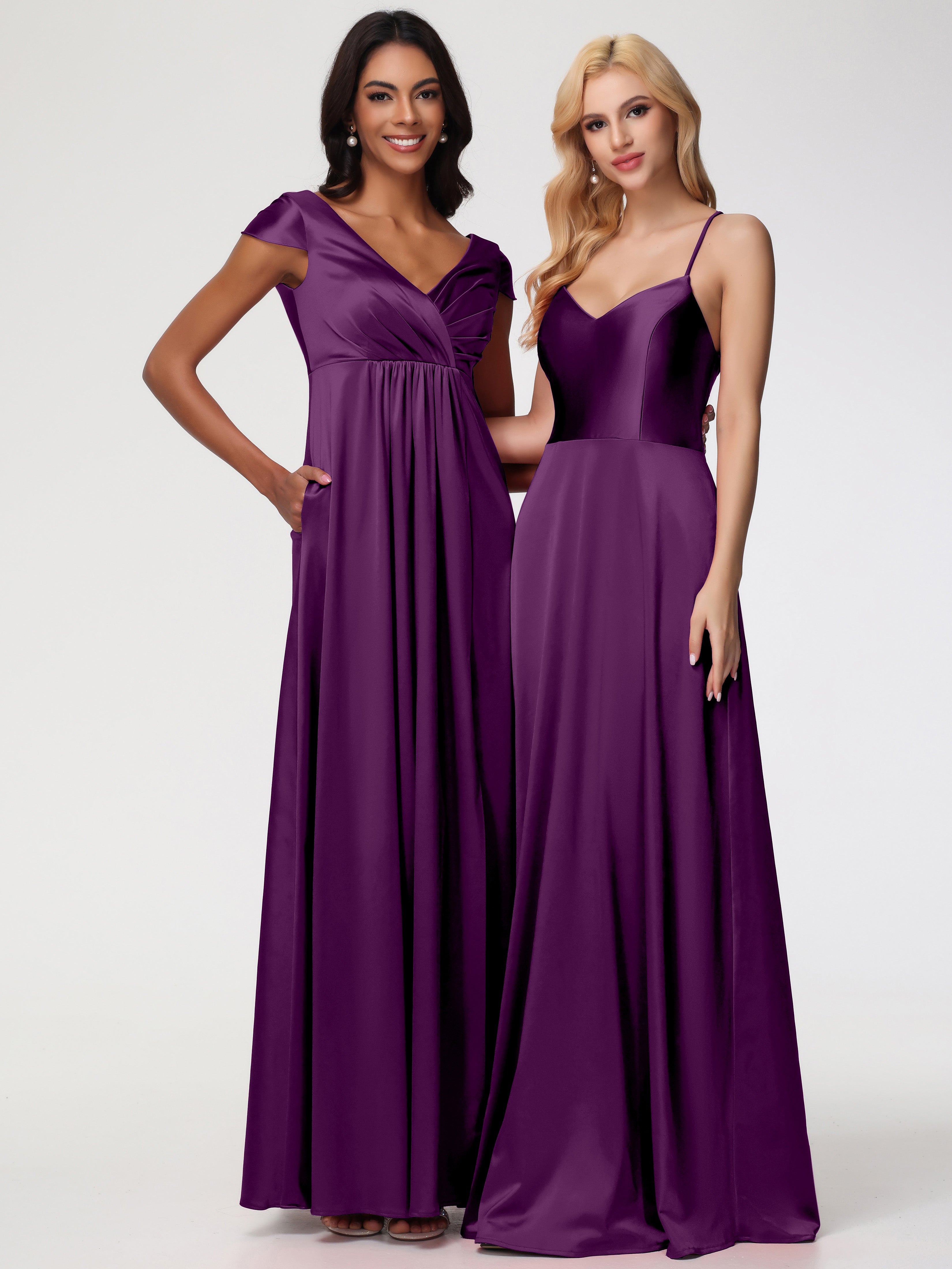 Robes De Demoiselle D'Honneur En Raisin Col V Satin Extensible Robe Demoiselle D Honneur Manche Courte