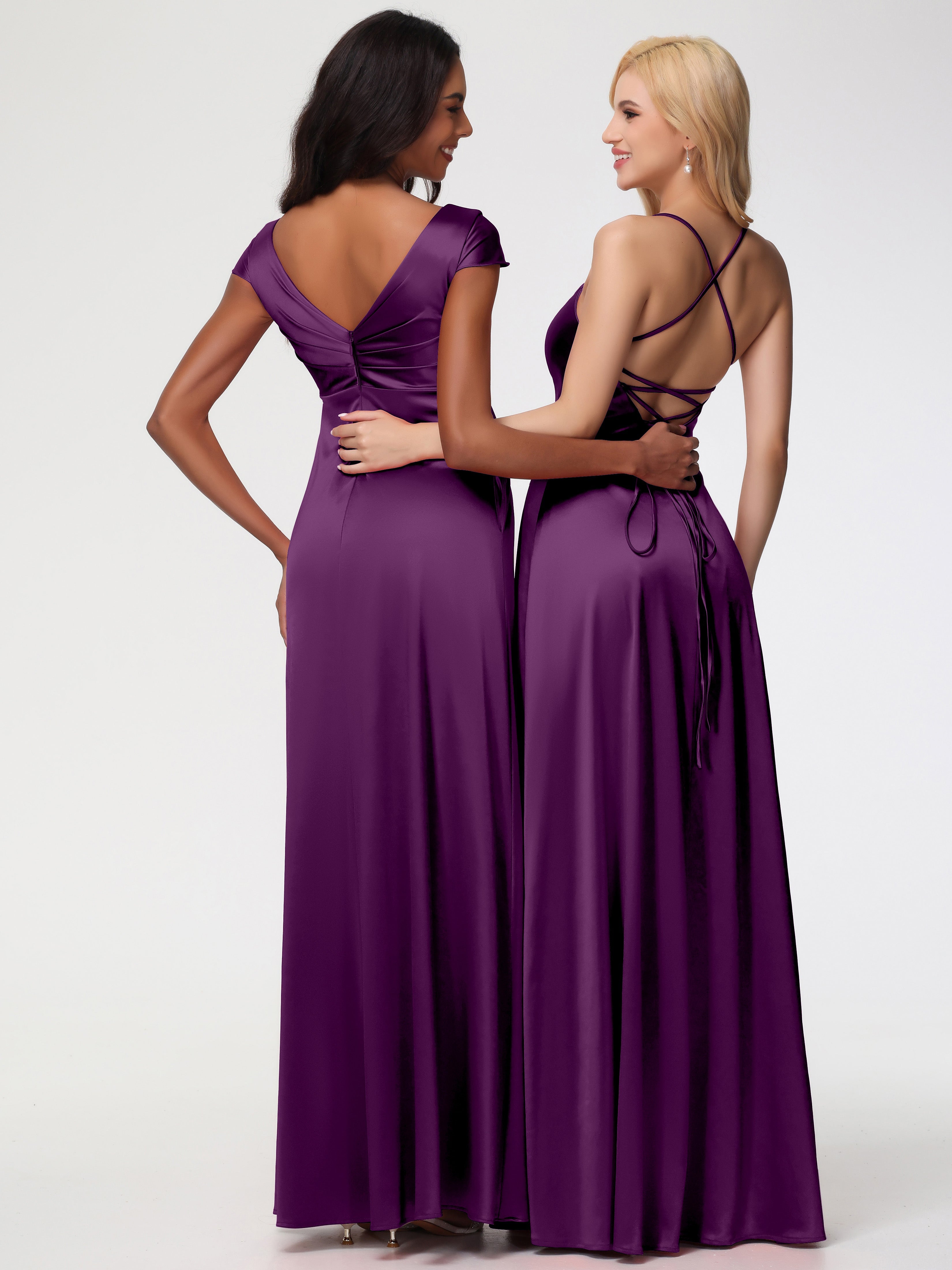 Robes De Demoiselle D'Honneur En Raisin Col V Satin Extensible Robe Demoiselle D Honneur Manche Courte