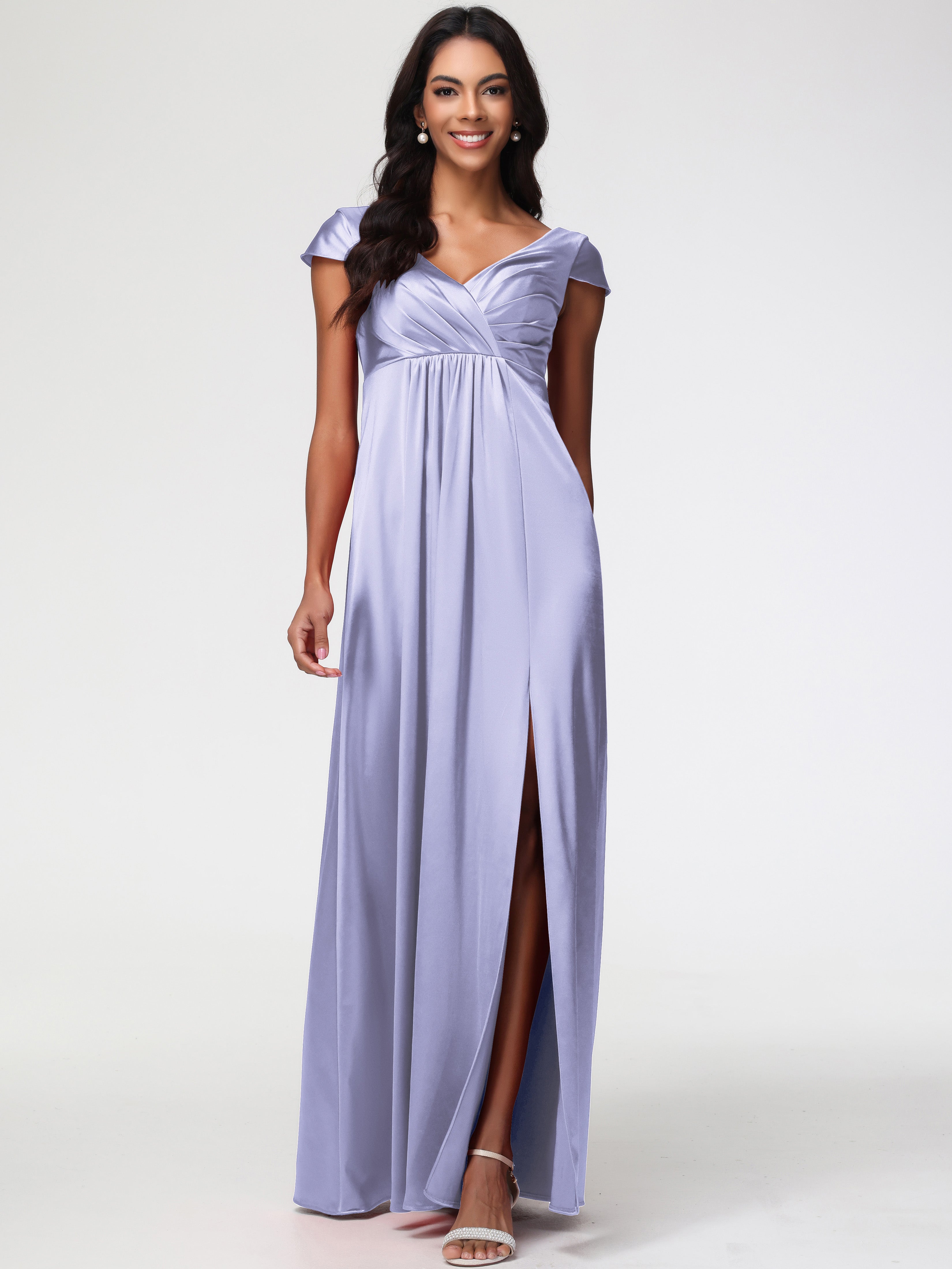 Robe Demoiselle D Honneur Lavande Col V Satin Extensible Robe Demoiselle D Honneur Manche Courte