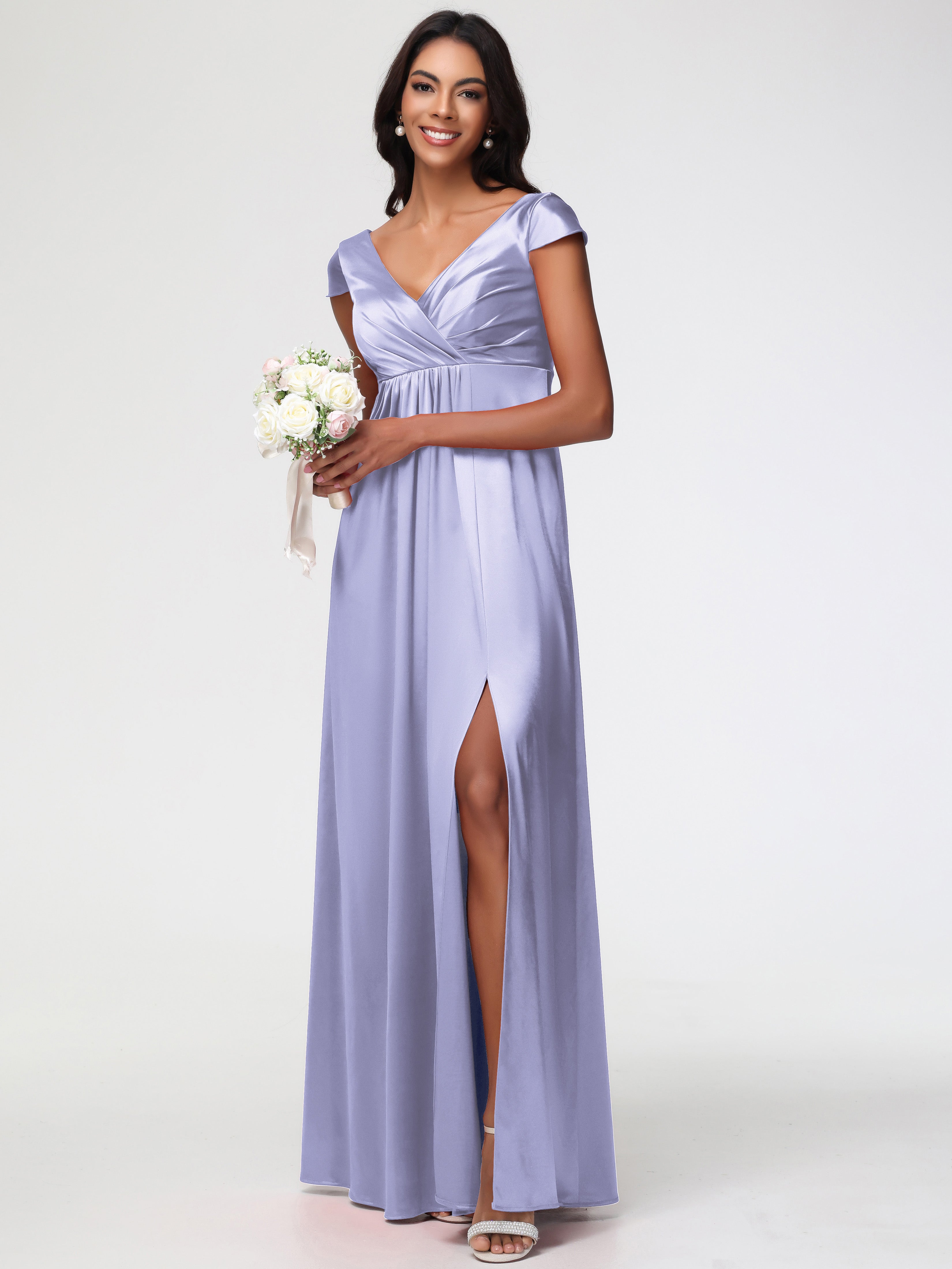 Robe Demoiselle D Honneur Lavande Col V Satin Extensible Robe Demoiselle D Honneur Manche Courte