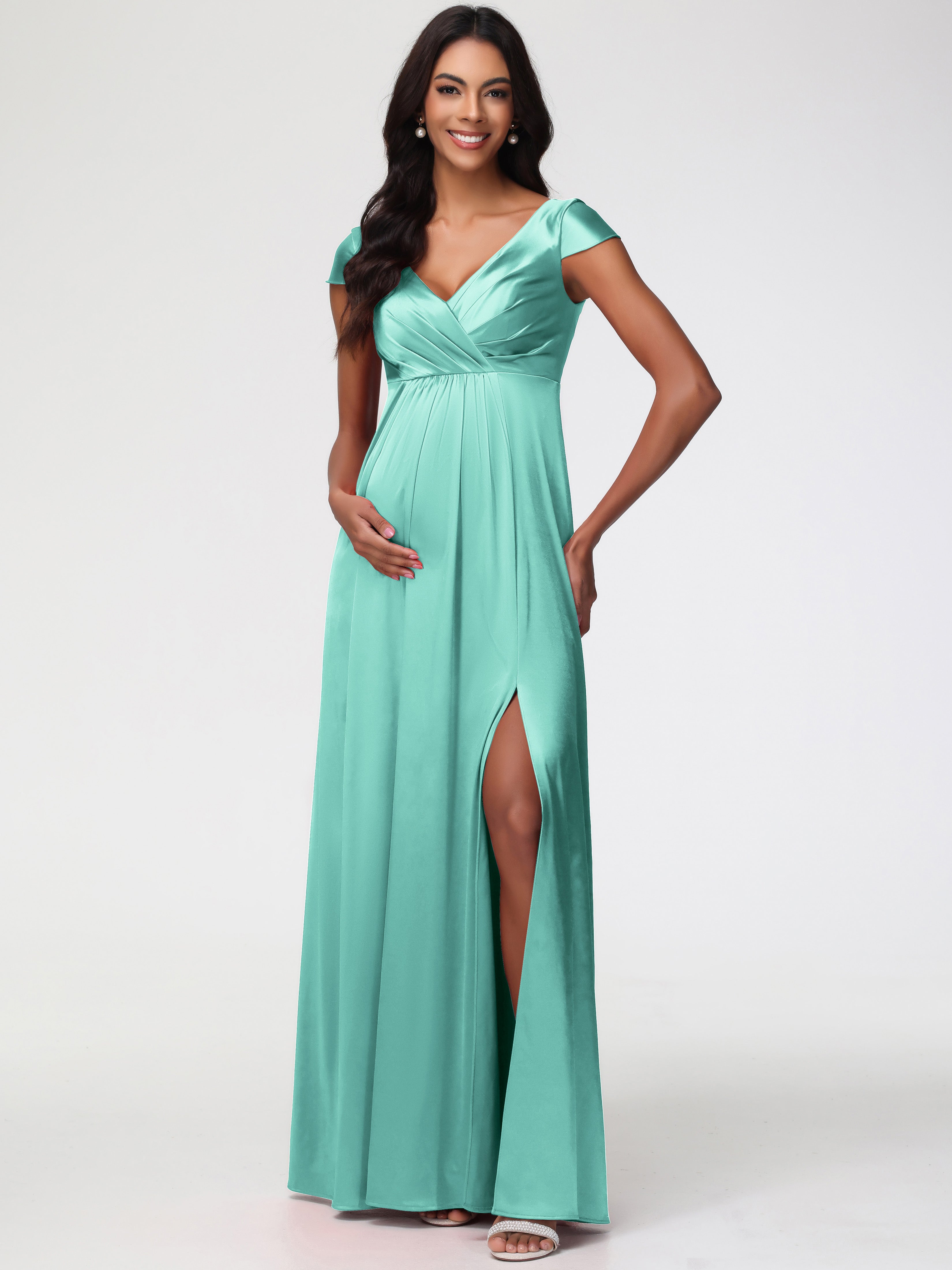 Robe Vert Menthe Demoiselle D Honneur Col V Satin Extensible Robe Demoiselle D Honneur Manche Courte
