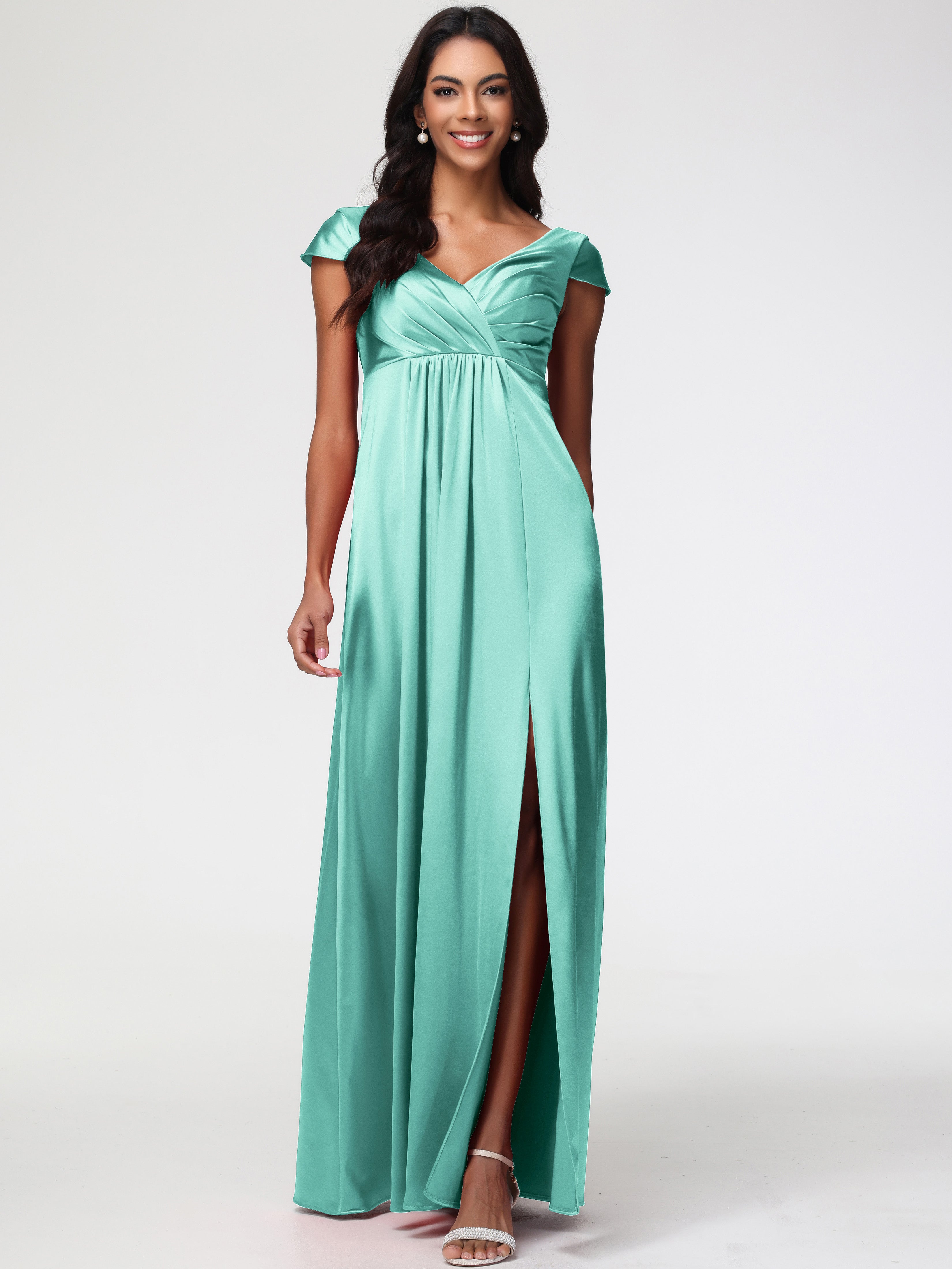 Robe Vert Menthe Demoiselle D Honneur Col V Satin Extensible Robe Demoiselle D Honneur Manche Courte