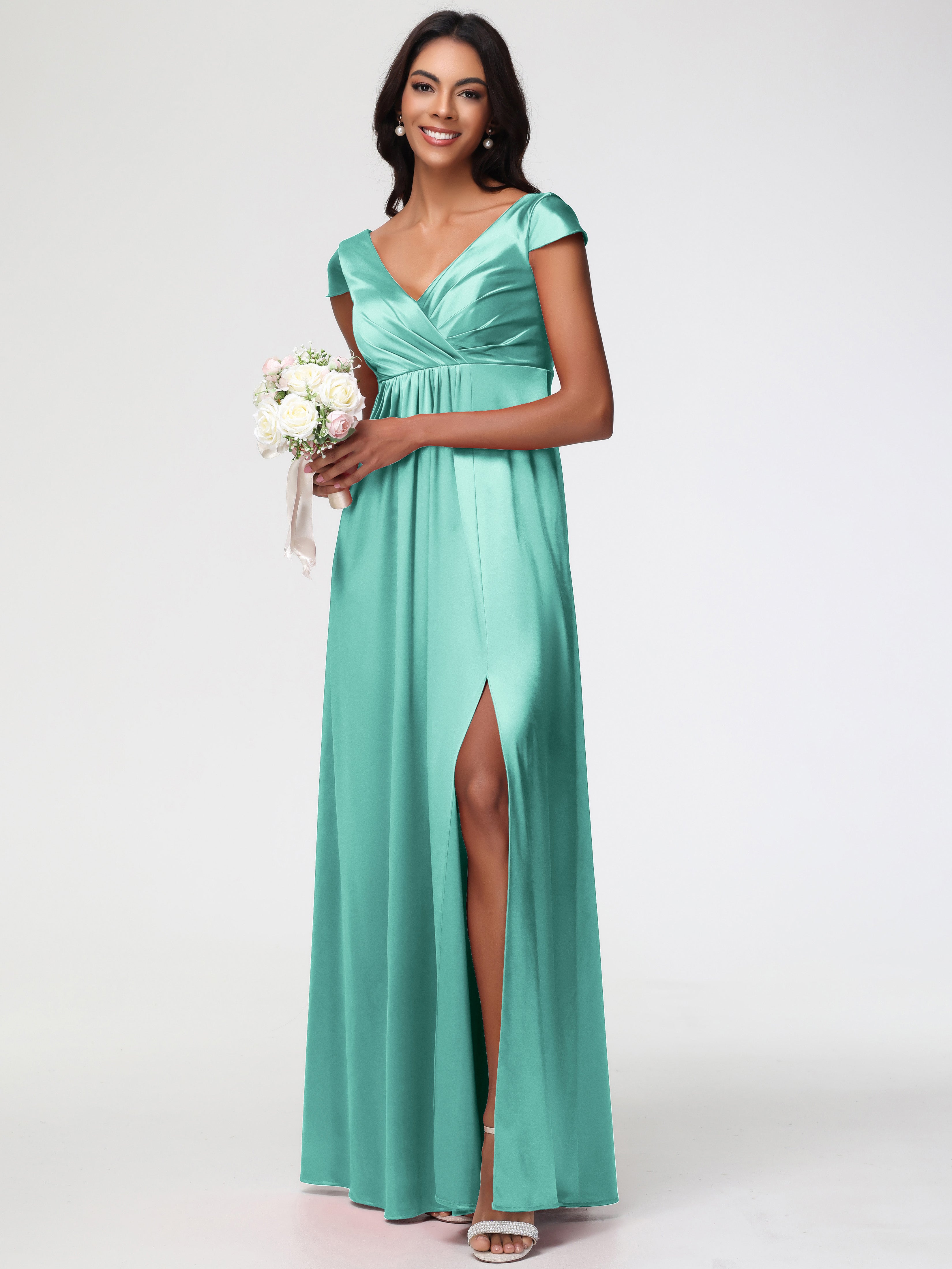 Robe Vert Menthe Demoiselle D Honneur Col V Satin Extensible Robe Demoiselle D Honneur Manche Courte