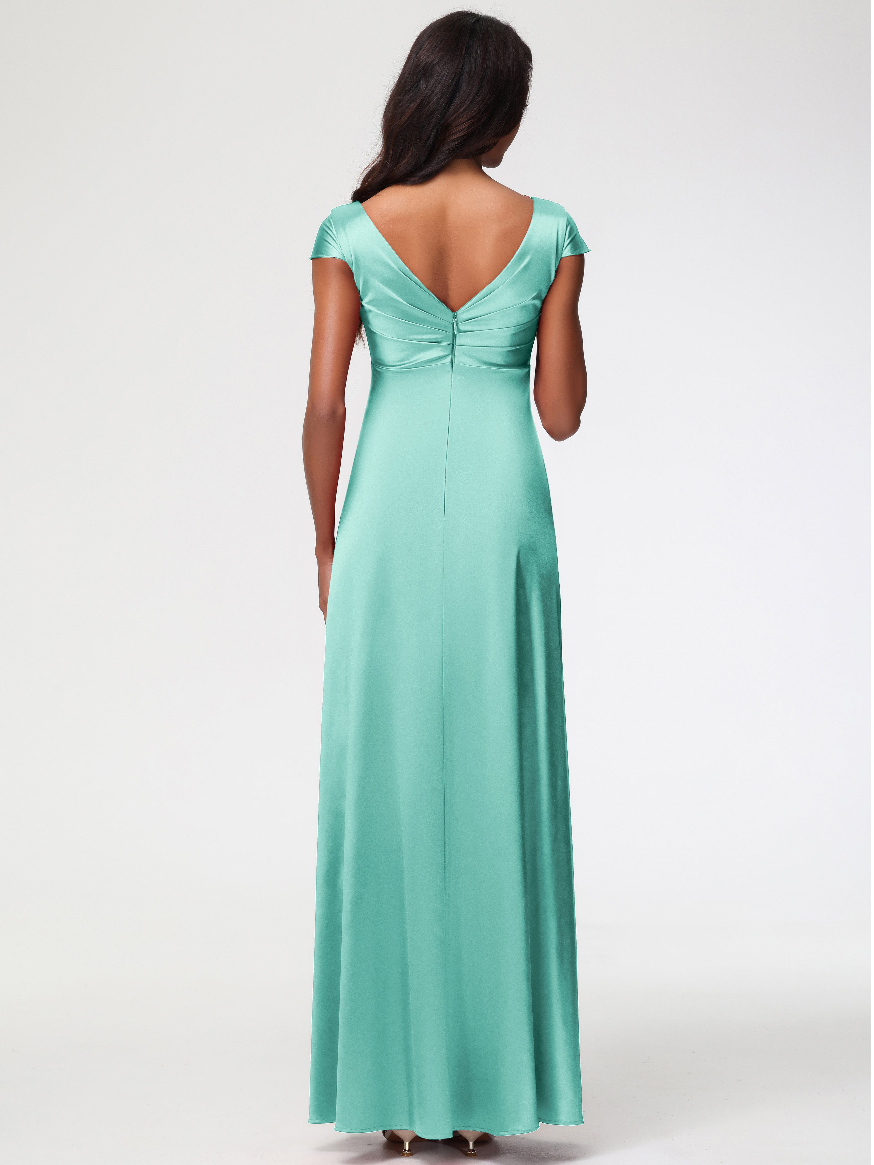 Robe Vert Menthe Demoiselle D Honneur Col V Satin Extensible Robe Demoiselle D Honneur Manche Courte