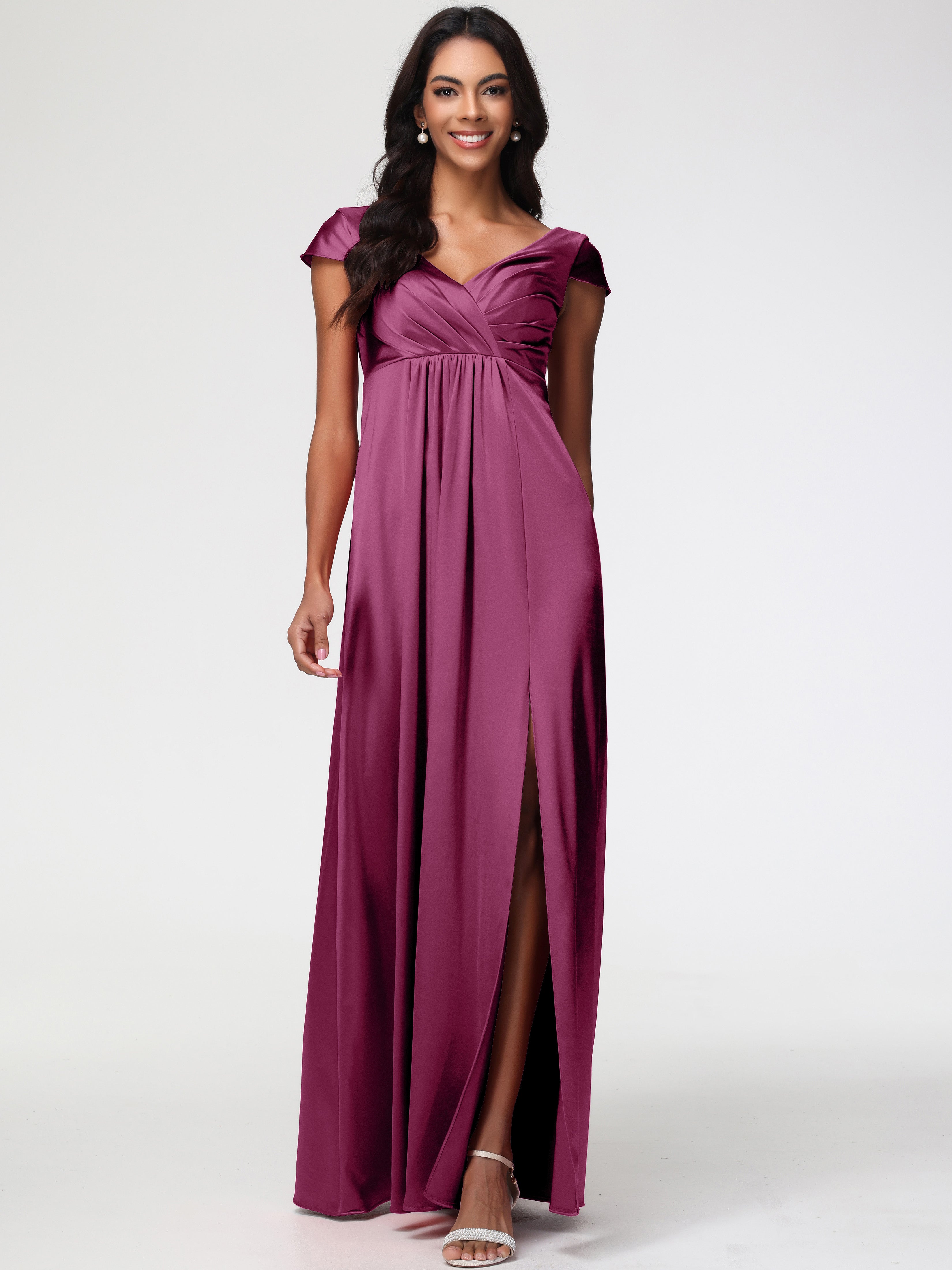 Robes De Demoiselle D'Honneur Mure Col V Satin Extensible Robe Demoiselle D Honneur Manche Courte