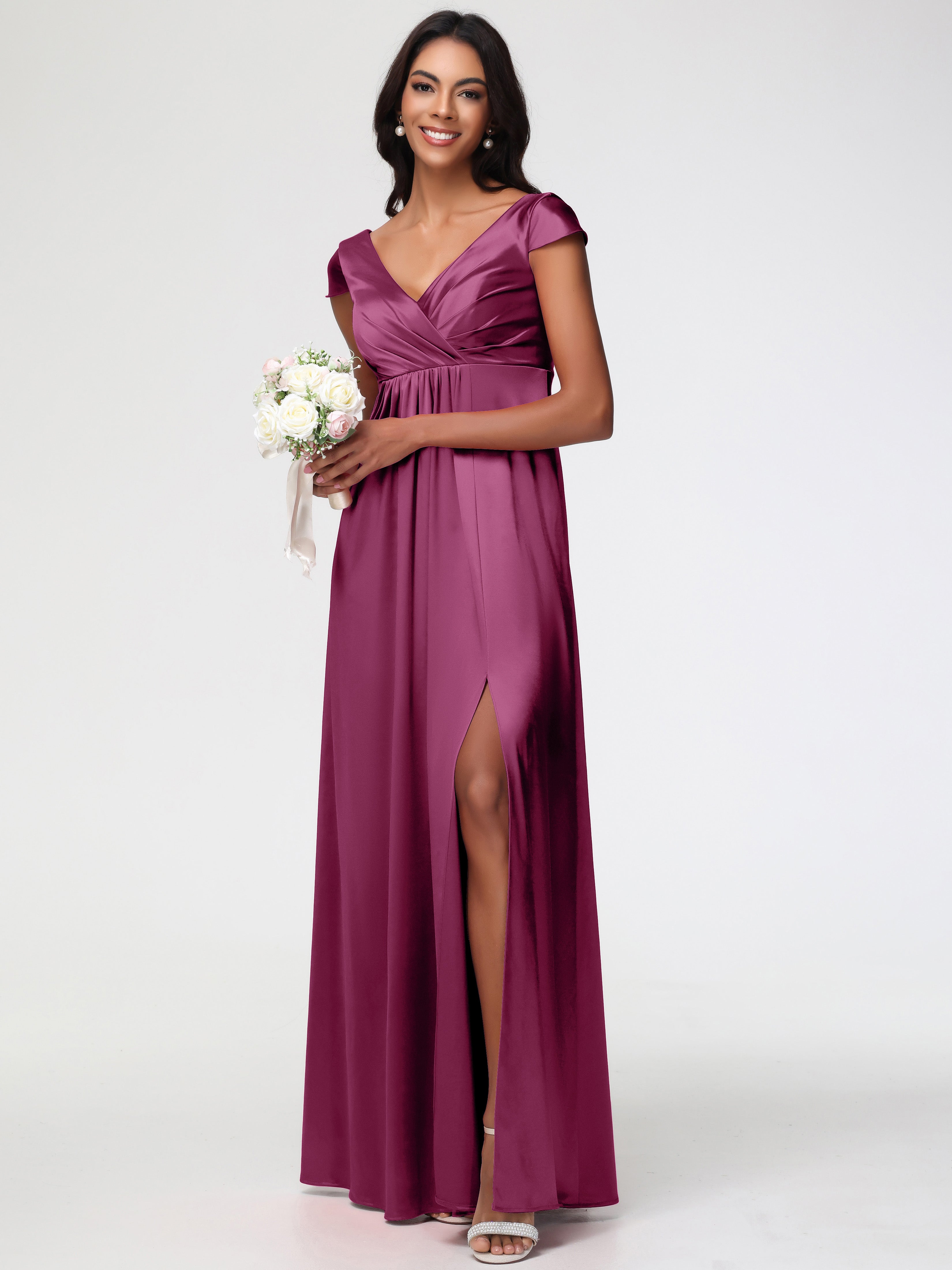 Robes De Demoiselle D'Honneur Mure Col V Satin Extensible Robe Demoiselle D Honneur Manche Courte