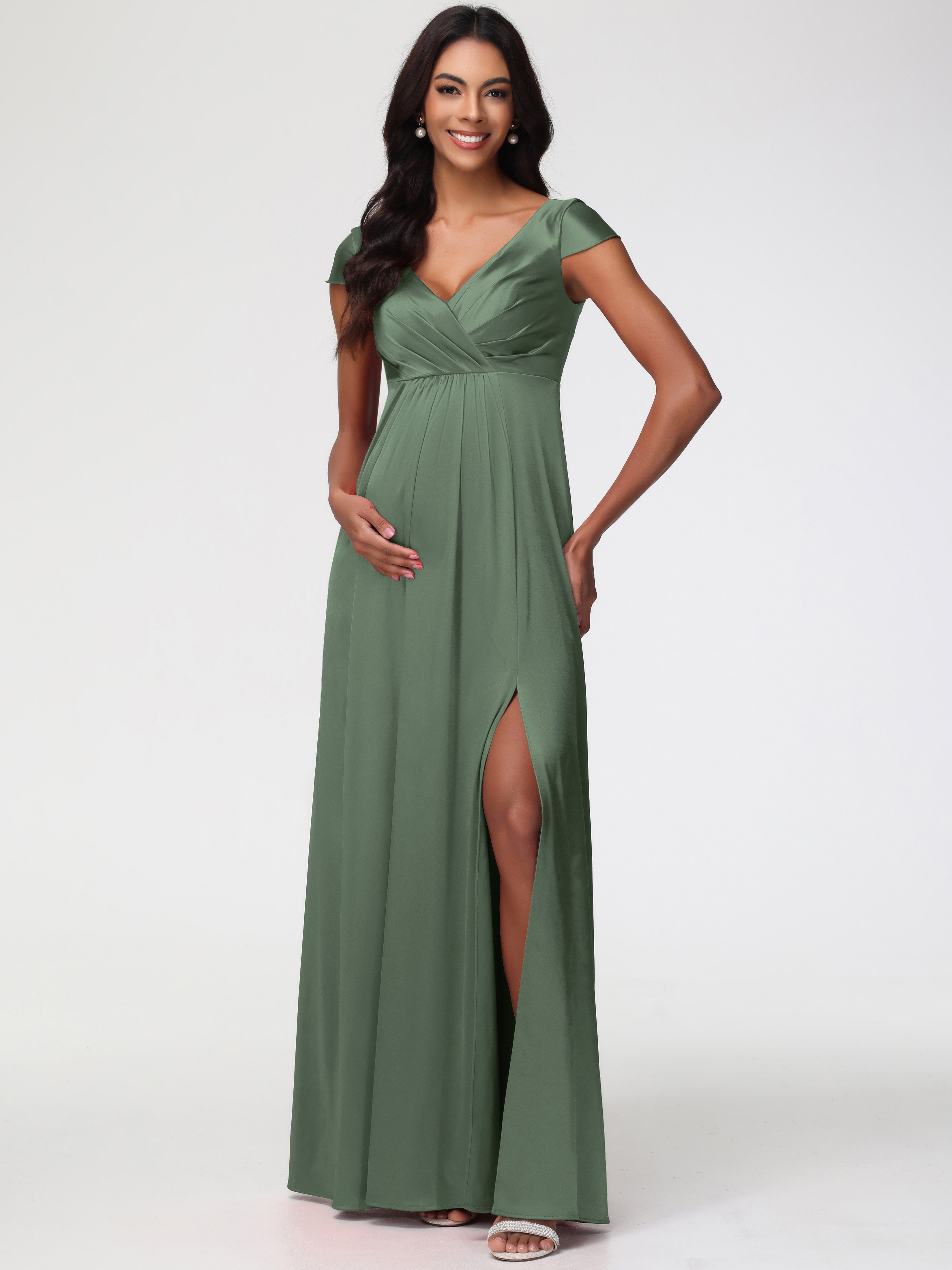 Robes De Demoiselle D'Honneur Olive Col V Satin Extensible Robe Demoiselle D Honneur Manche Courte