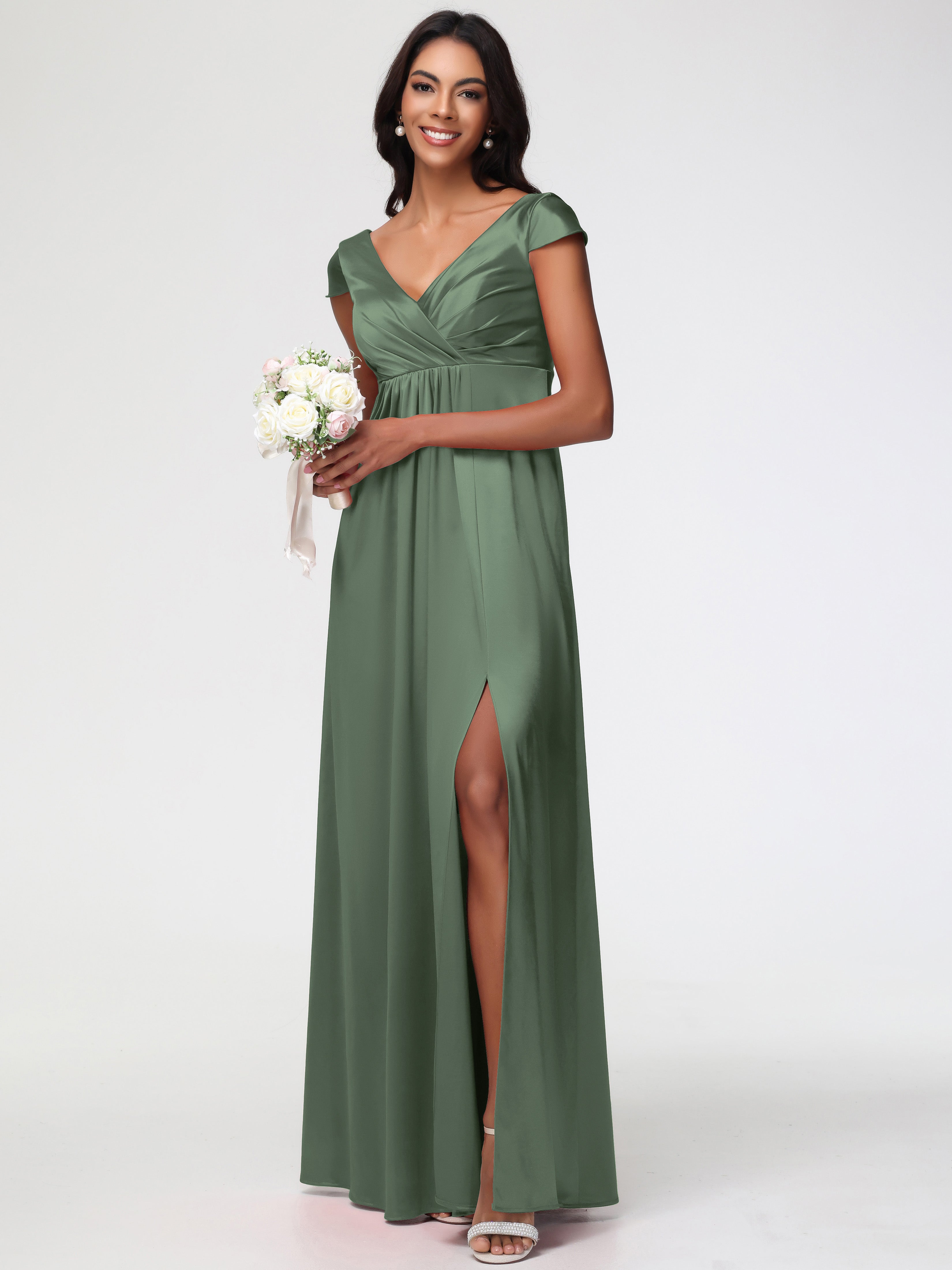 Robes De Demoiselle D'Honneur Olive Col V Satin Extensible Robe Demoiselle D Honneur Manche Courte