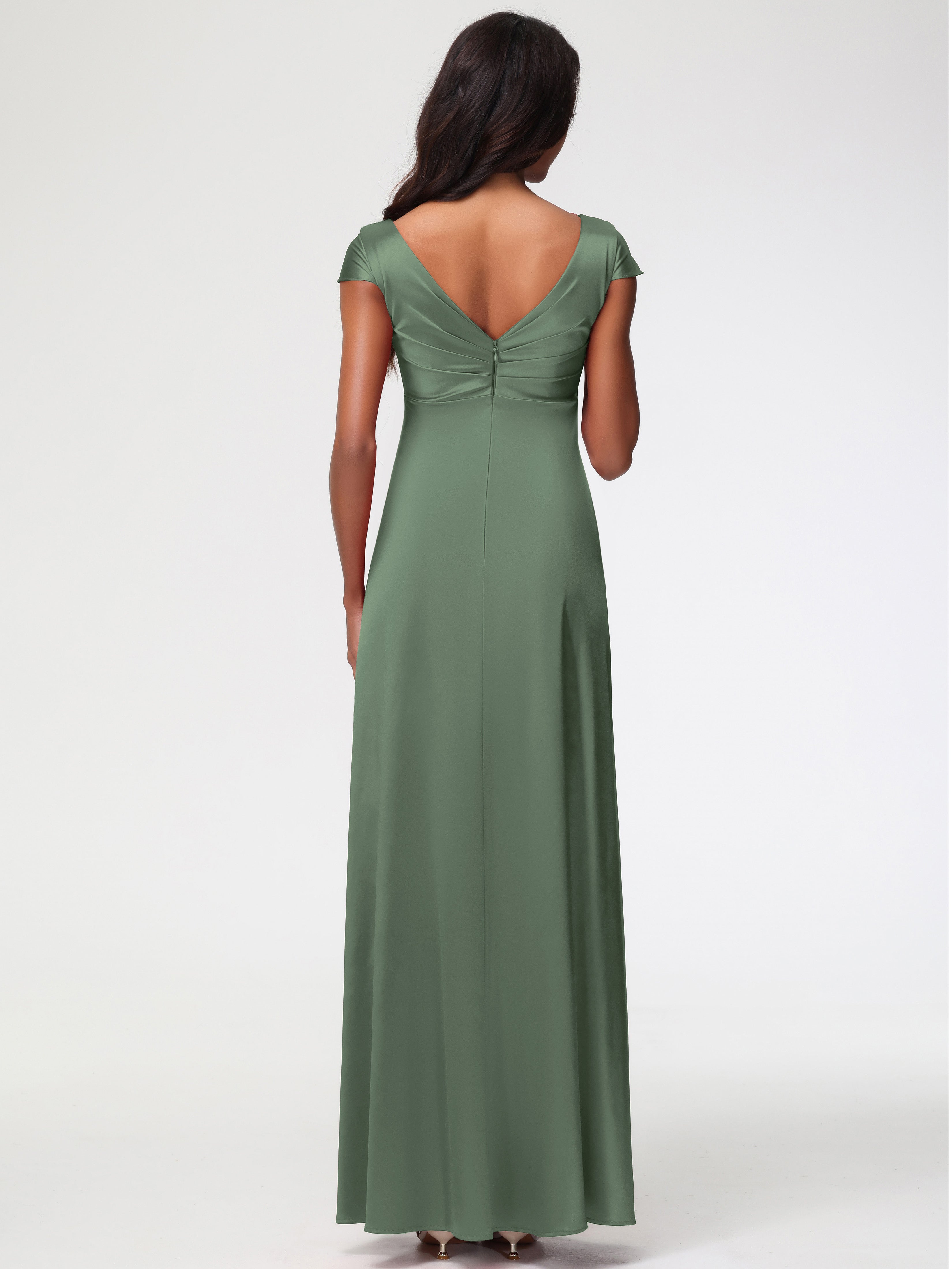 Robes De Demoiselle D'Honneur Olive Col V Satin Extensible Robe Demoiselle D Honneur Manche Courte