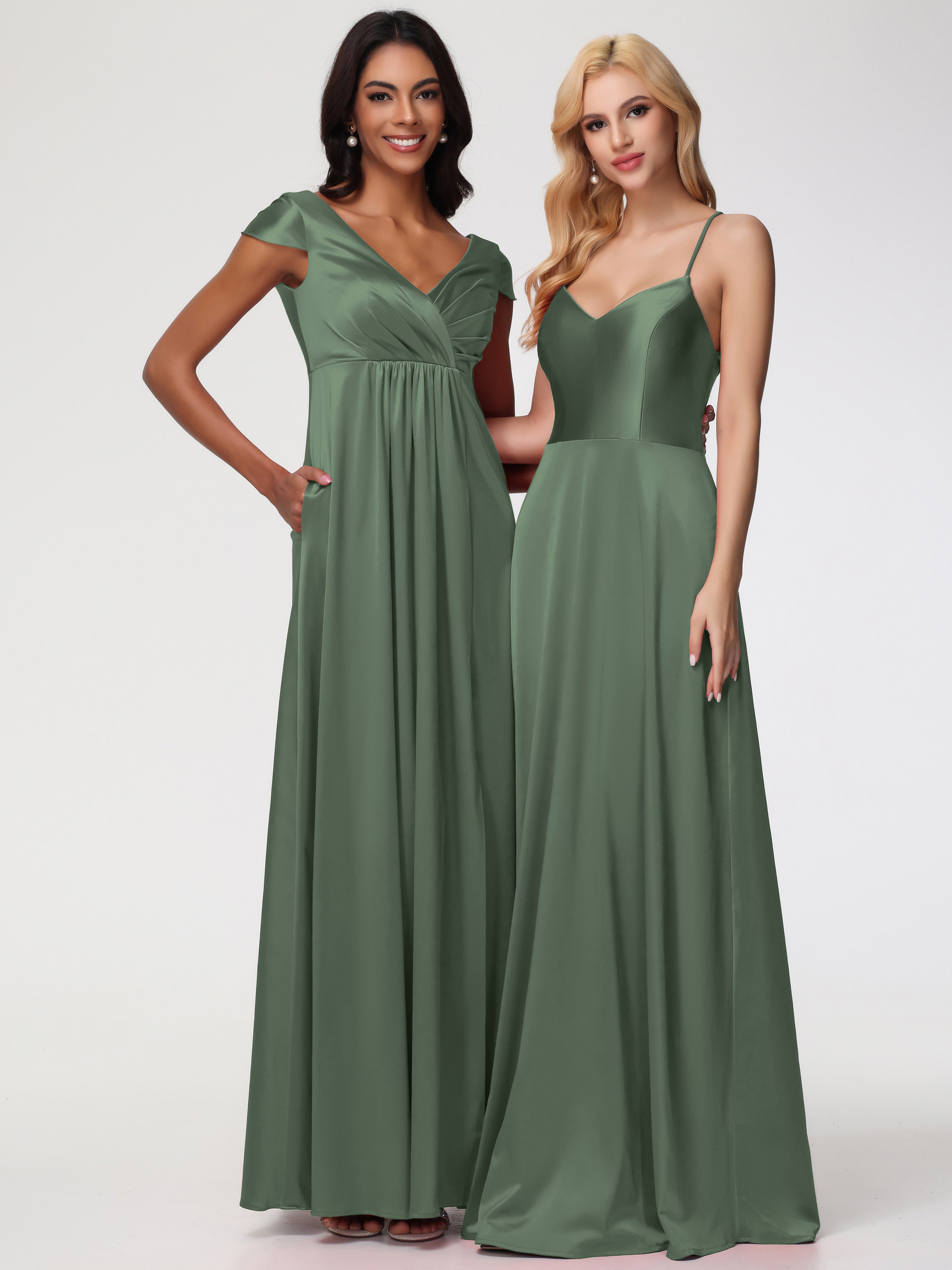 Robes De Demoiselle D'Honneur Olive Col V Satin Extensible Robe Demoiselle D Honneur Manche Courte