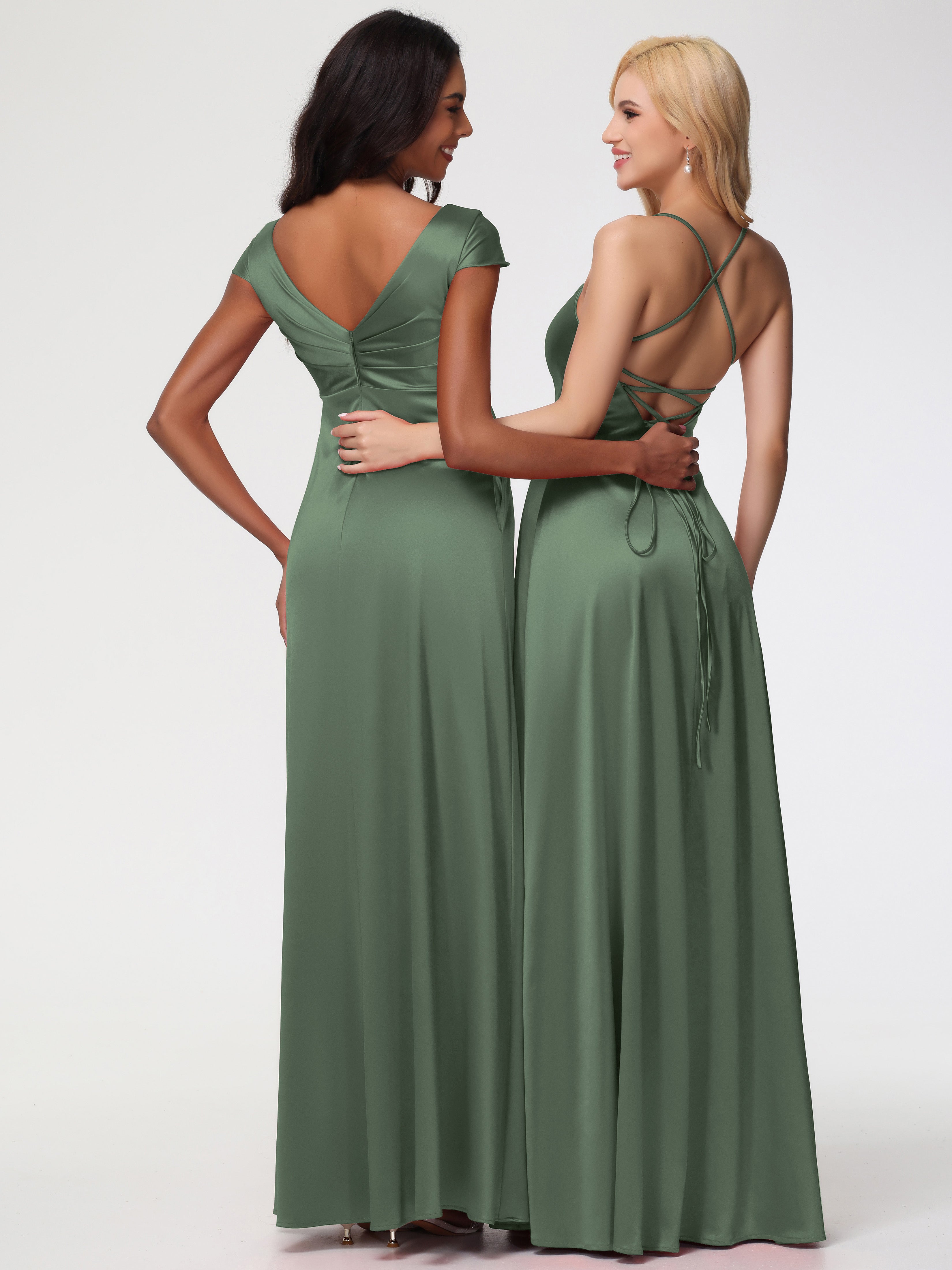 Robes De Demoiselle D'Honneur Olive Col V Satin Extensible Robe Demoiselle D Honneur Manche Courte