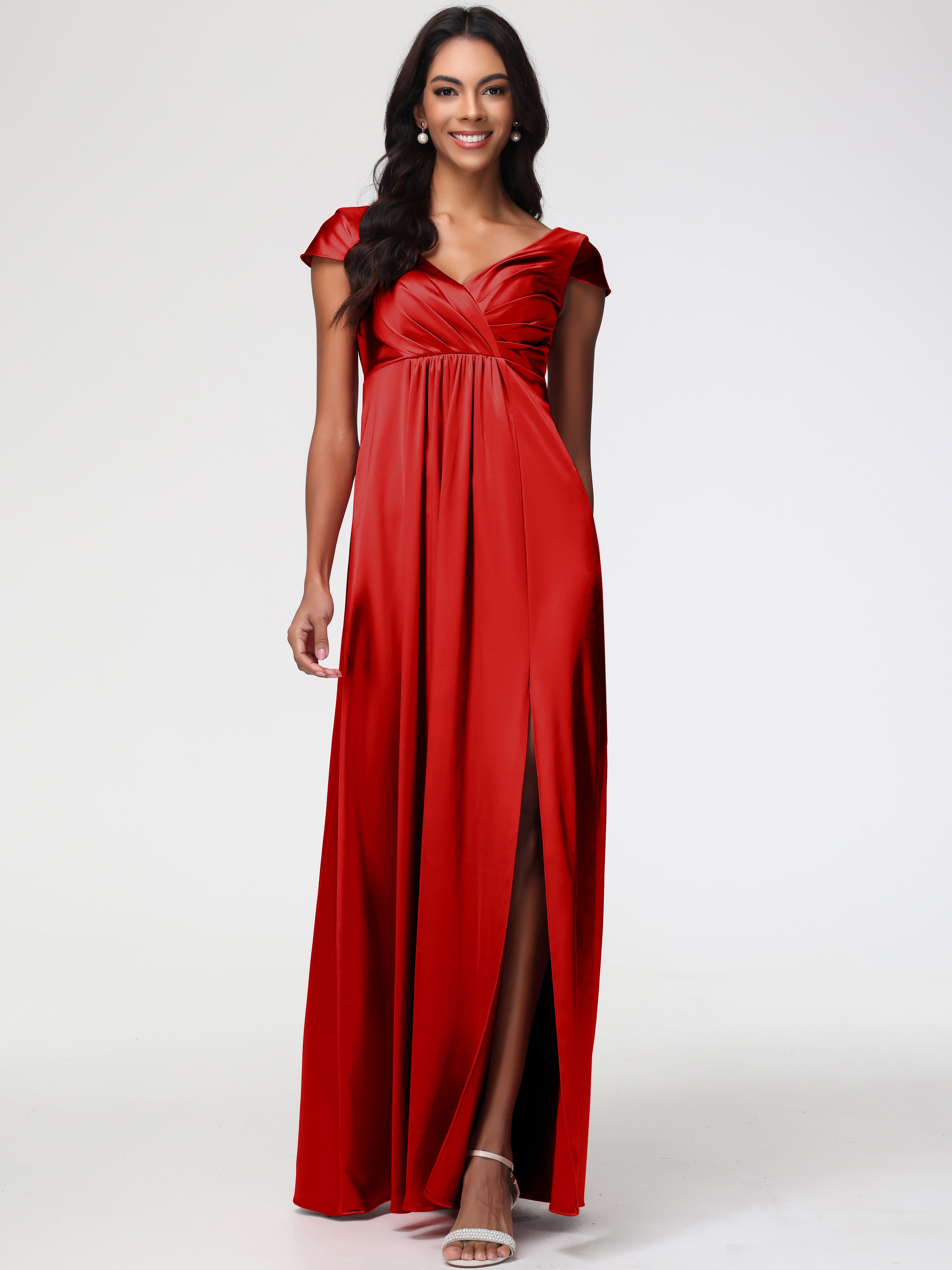 Robe Demoiselle Dhonneur Rouge Col V Satin Extensible Robe Demoiselle D Honneur Manche Courte