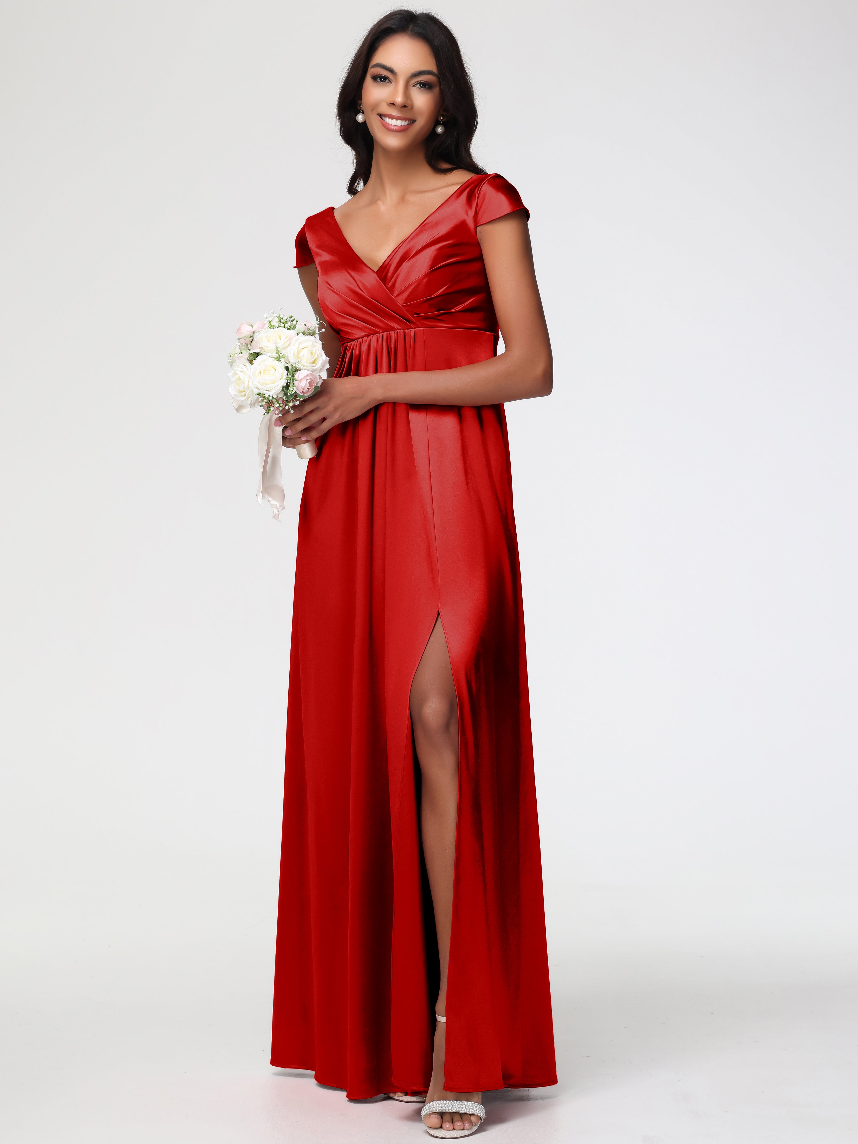 Robe Demoiselle Dhonneur Rouge Col V Satin Extensible Robe Demoiselle D Honneur Manche Courte
