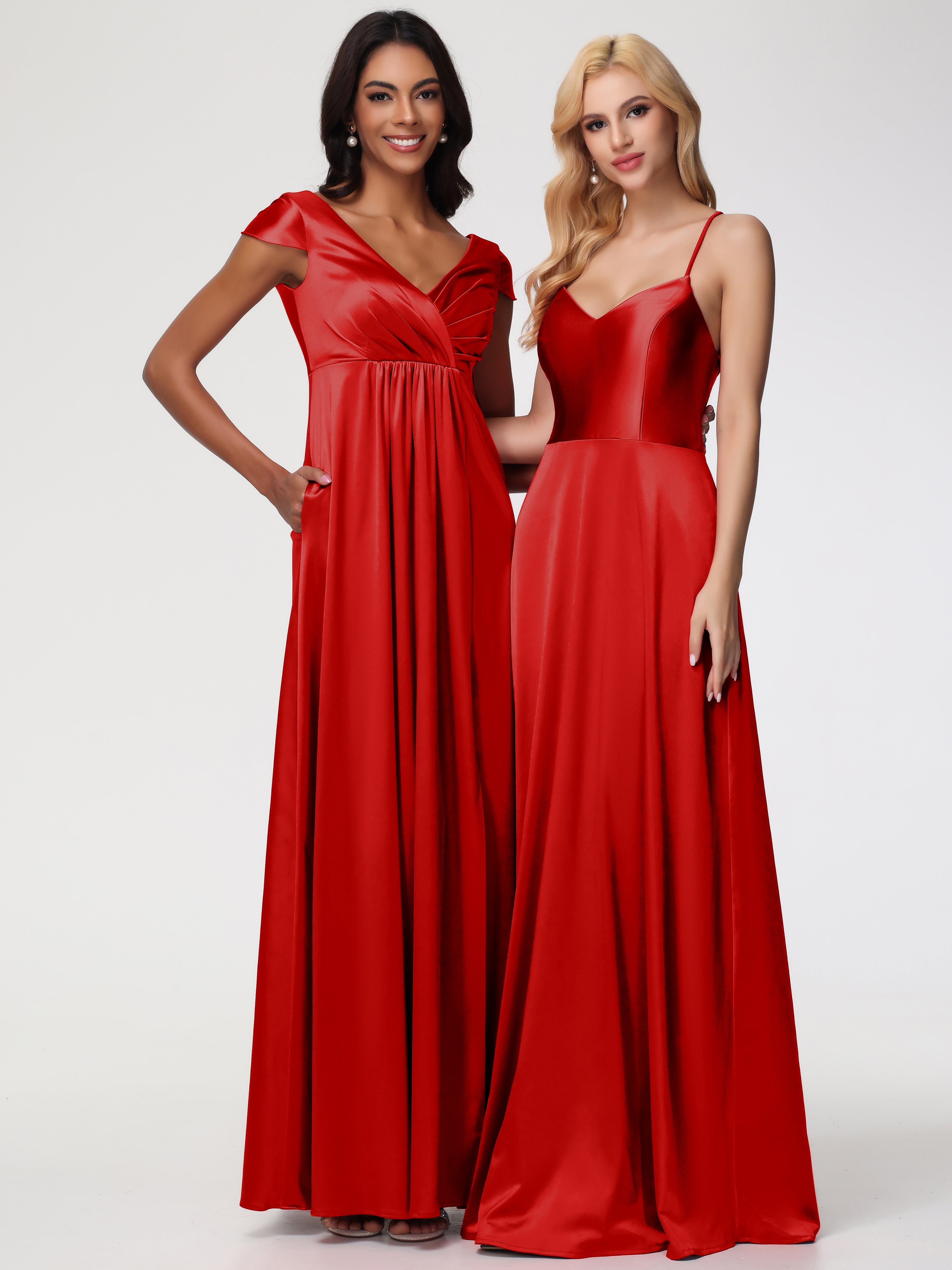 Robe Demoiselle Dhonneur Rouge Col V Satin Extensible Robe Demoiselle D Honneur Manche Courte