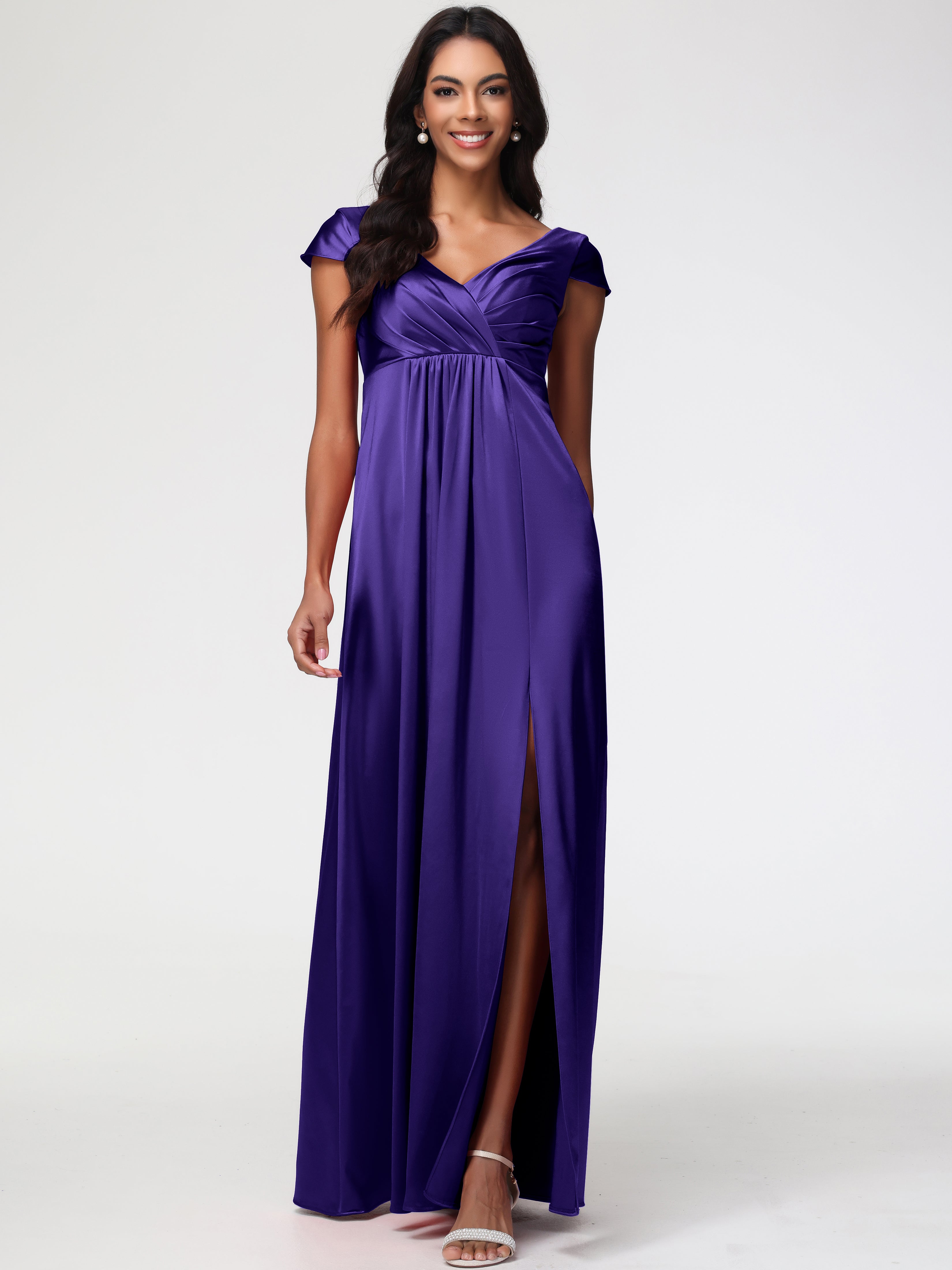 Robes De Demoiselle D'Honneur Régence Col V Satin Extensible Robe Demoiselle D Honneur Manche Courte