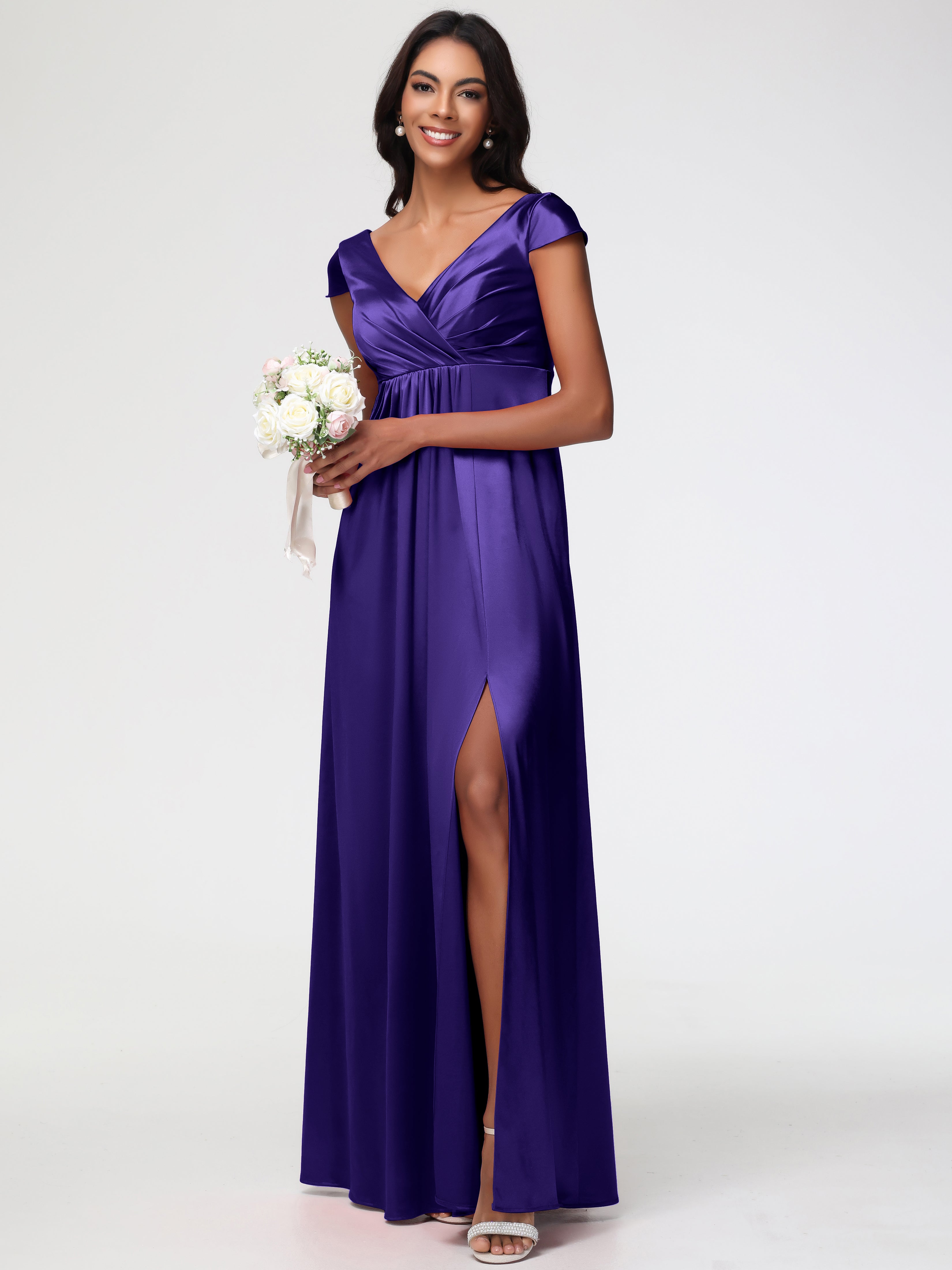 Robes De Demoiselle D'Honneur Régence Col V Satin Extensible Robe Demoiselle D Honneur Manche Courte