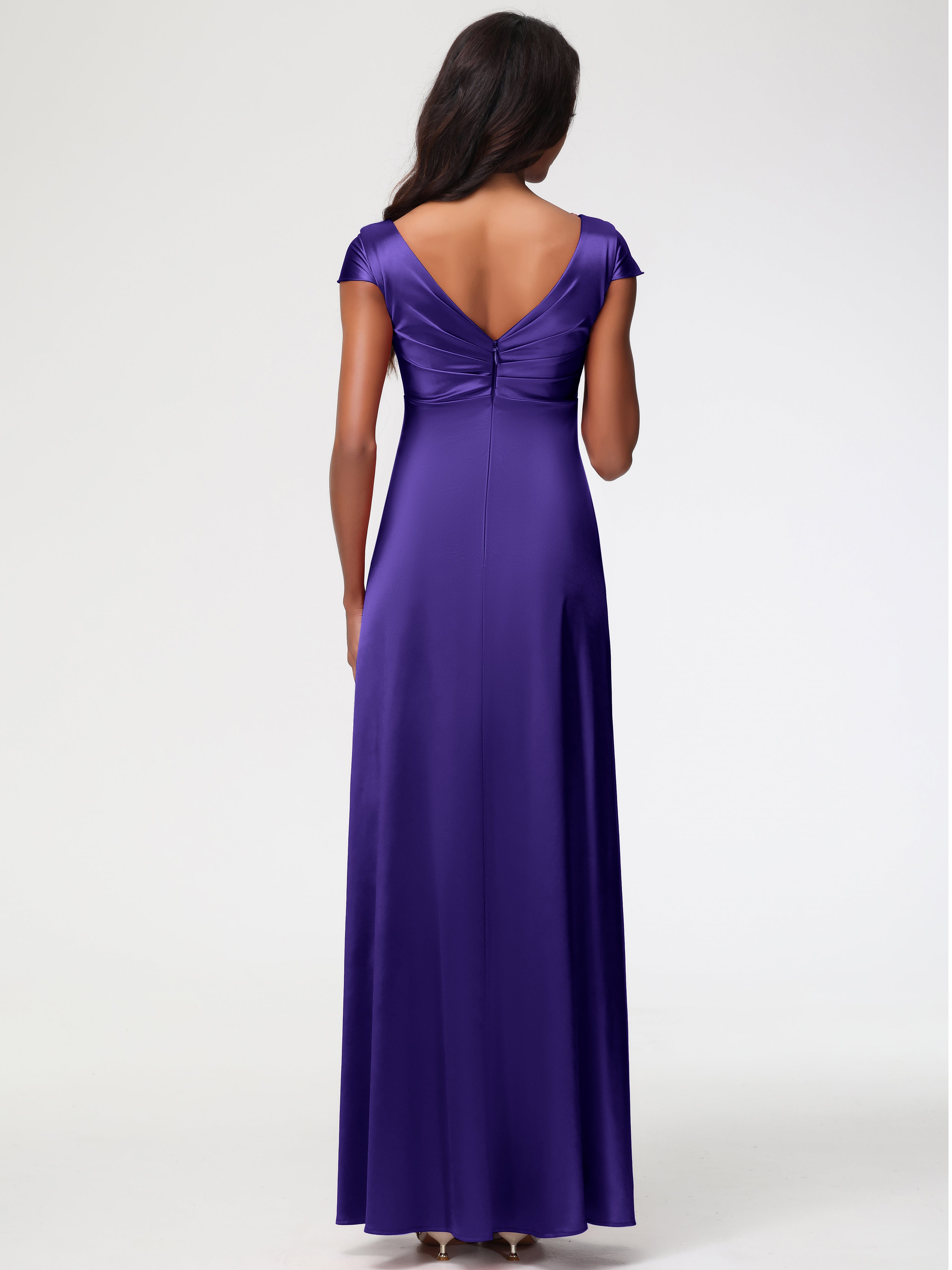 Robes De Demoiselle D'Honneur Régence Col V Satin Extensible Robe Demoiselle D Honneur Manche Courte
