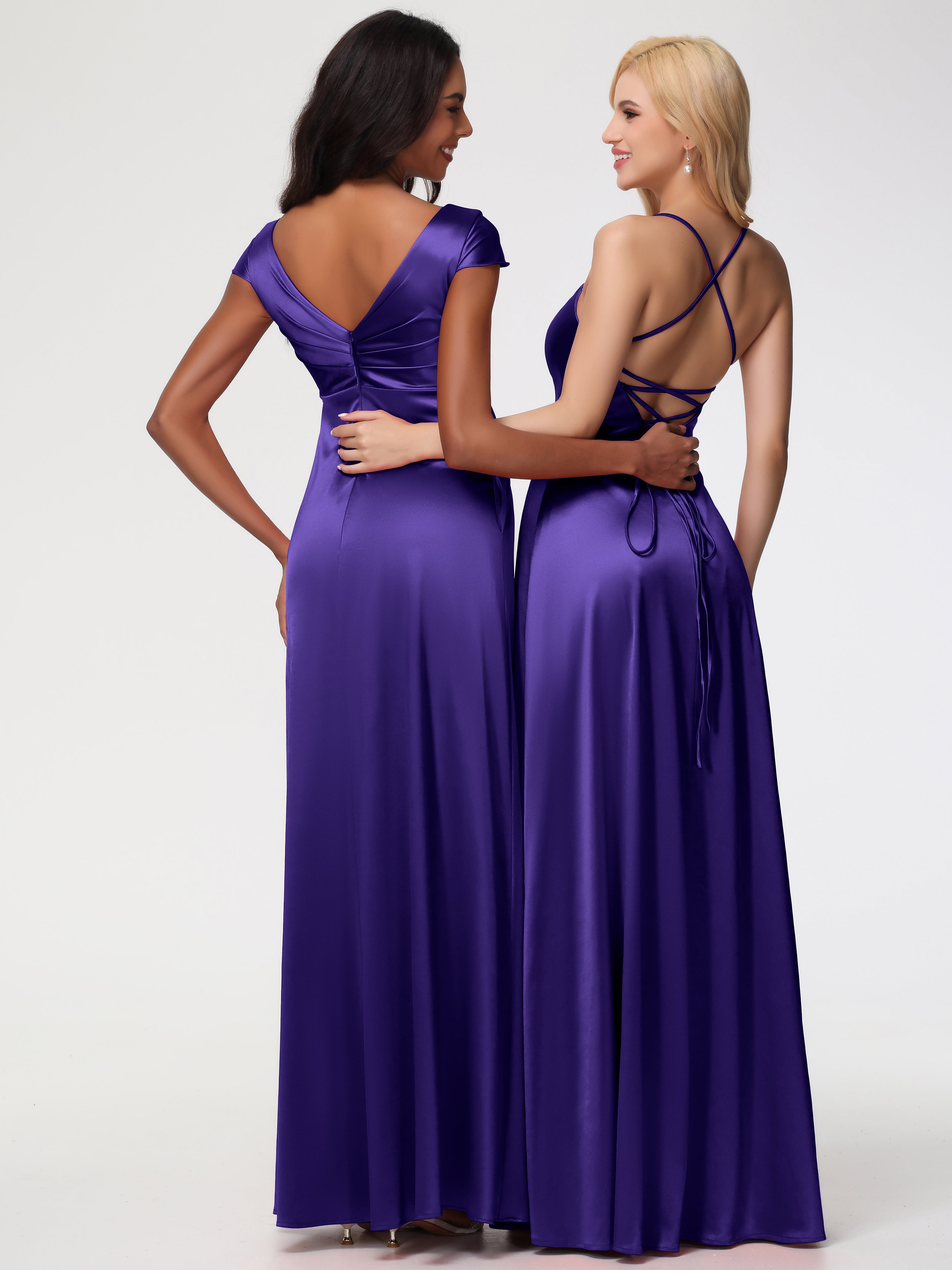 Robes De Demoiselle D'Honneur Régence Col V Satin Extensible Robe Demoiselle D Honneur Manche Courte