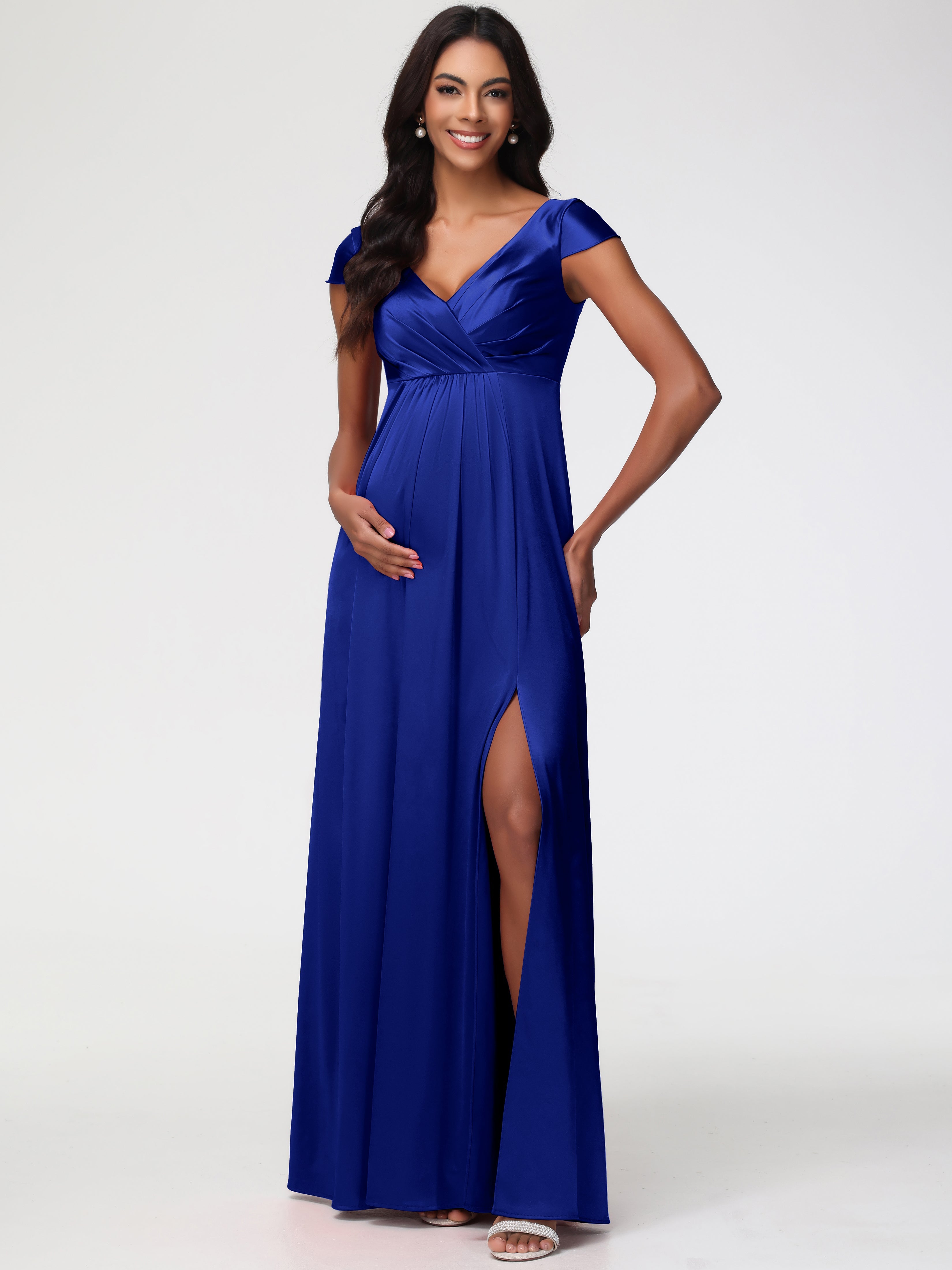 Robe Demoiselle D Honneur Bleu Royal Col V Satin Extensible Robe Demoiselle D Honneur Manche Courte