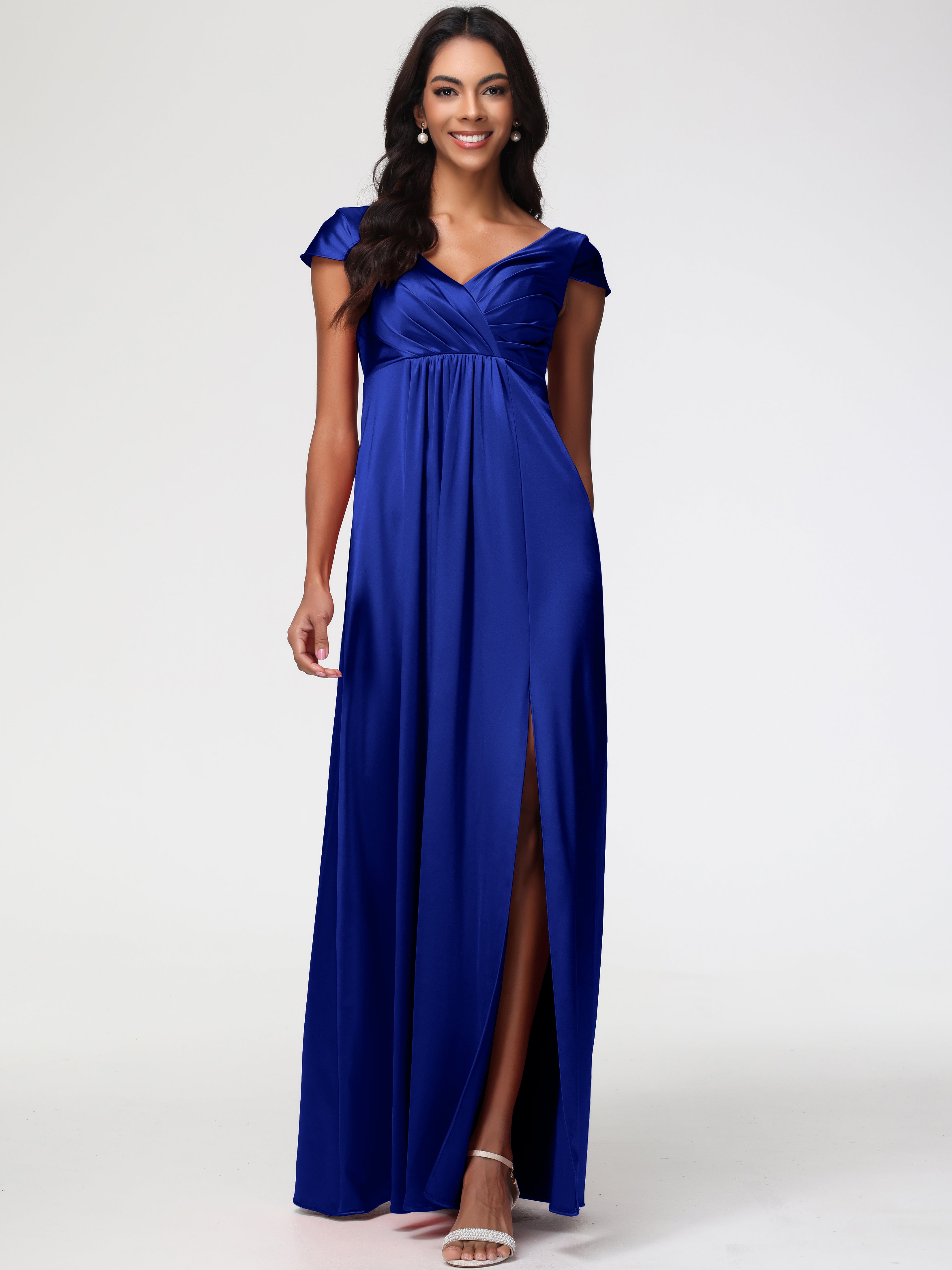 Robe Demoiselle D Honneur Bleu Royal Col V Satin Extensible Robe Demoiselle D Honneur Manche Courte