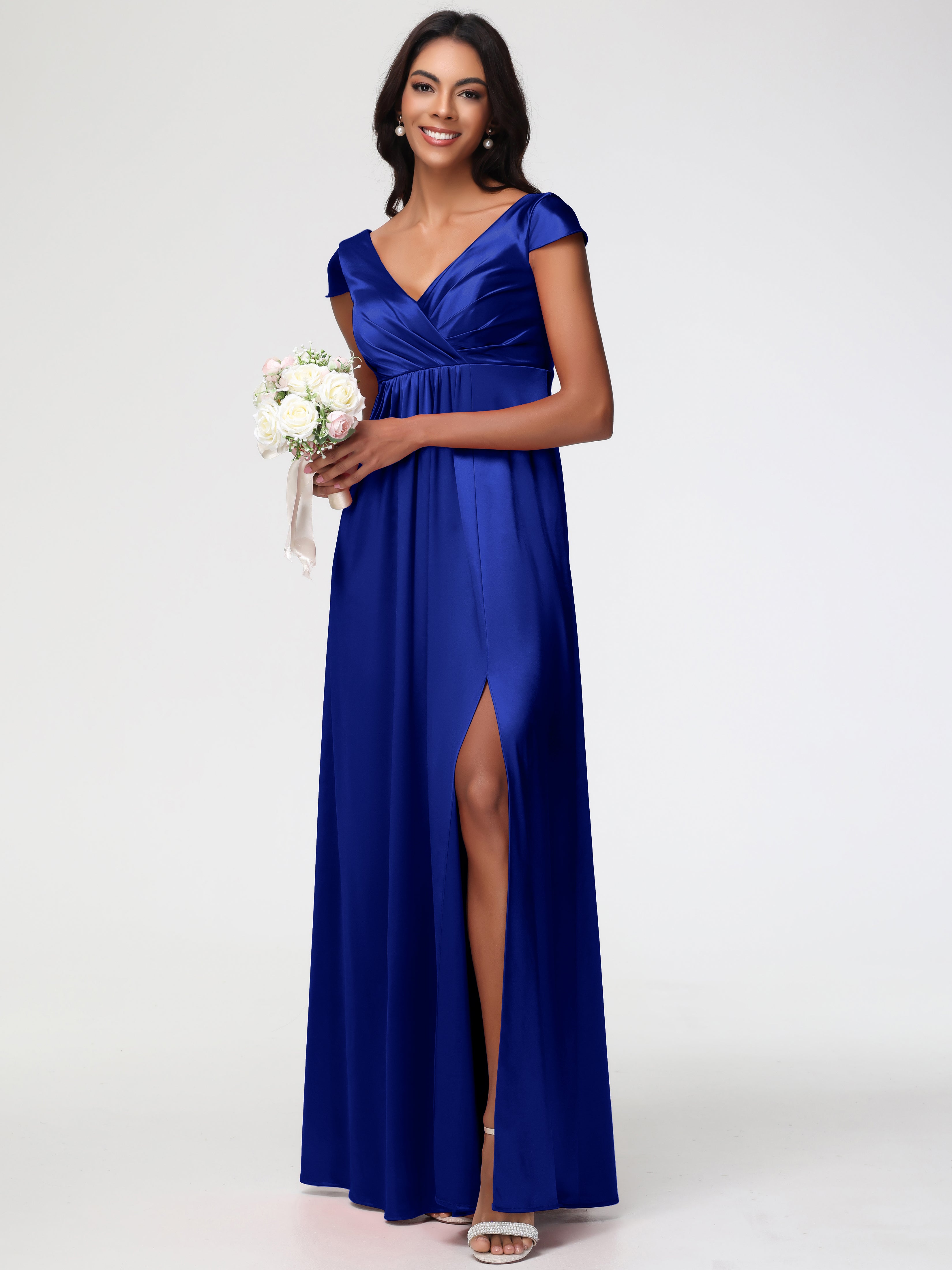 Robe Demoiselle D Honneur Bleu Royal Col V Satin Extensible Robe Demoiselle D Honneur Manche Courte