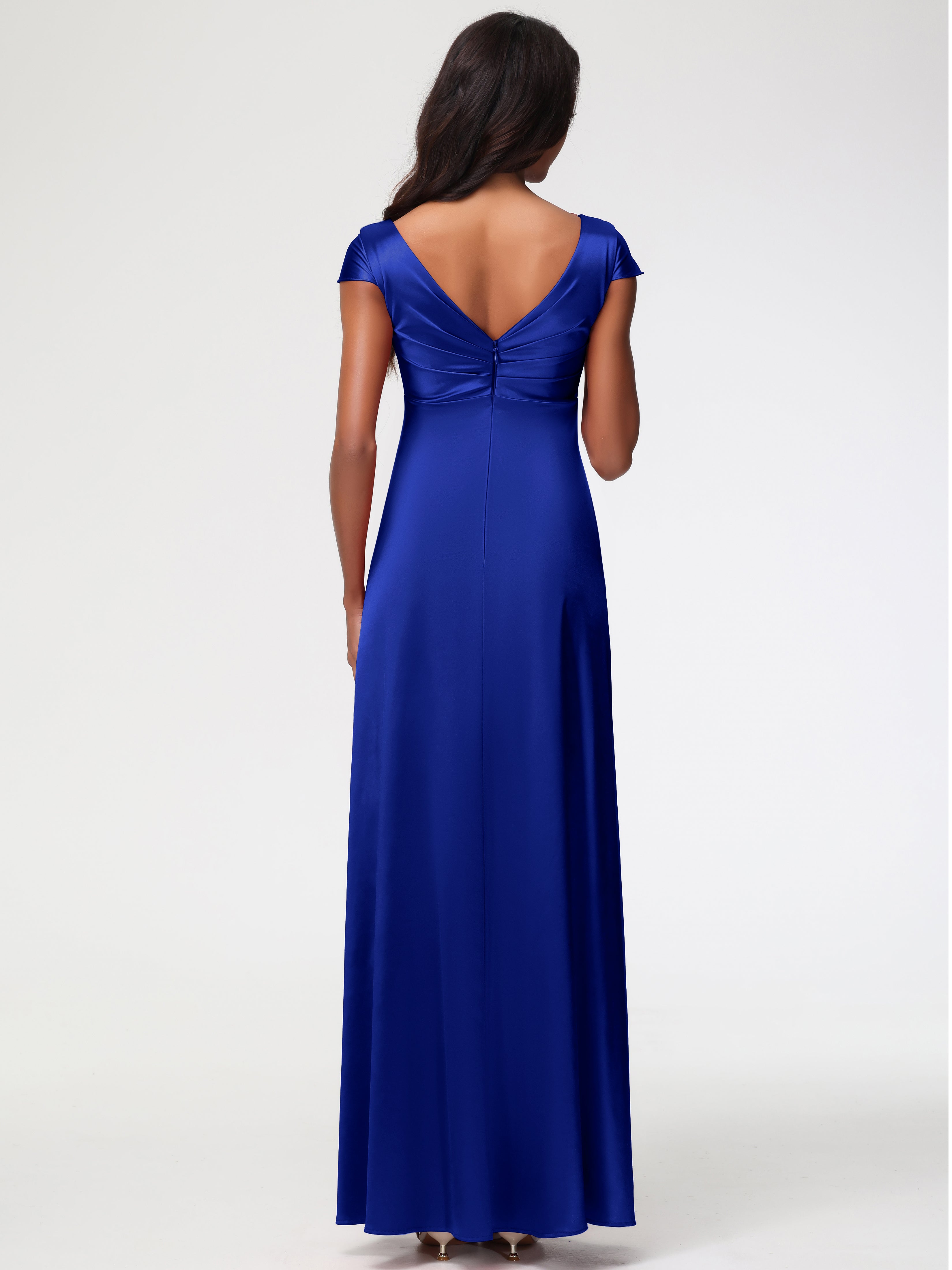 Robe Demoiselle D Honneur Bleu Royal Col V Satin Extensible Robe Demoiselle D Honneur Manche Courte