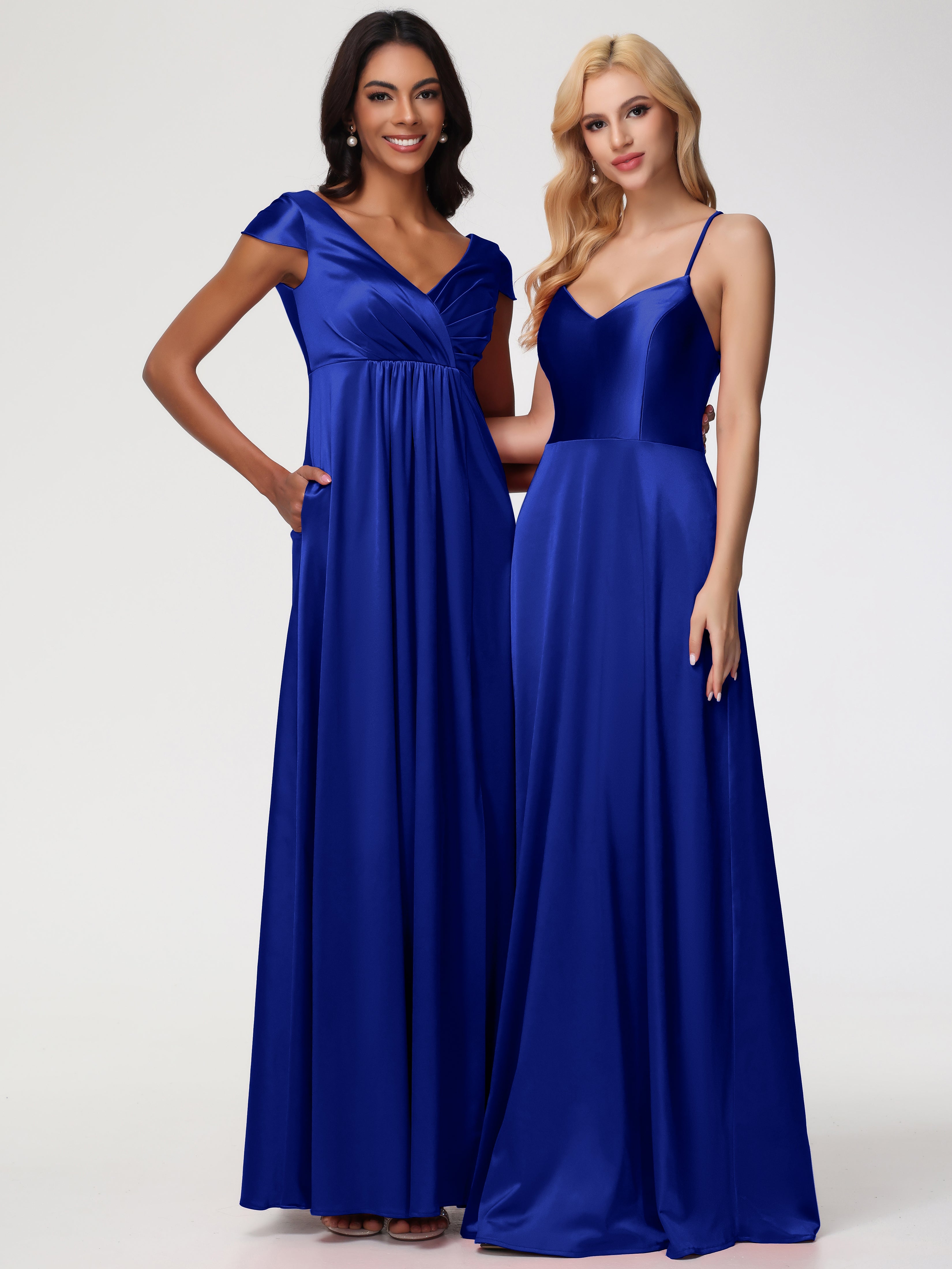 Robe Demoiselle D Honneur Bleu Royal Col V Satin Extensible Robe Demoiselle D Honneur Manche Courte