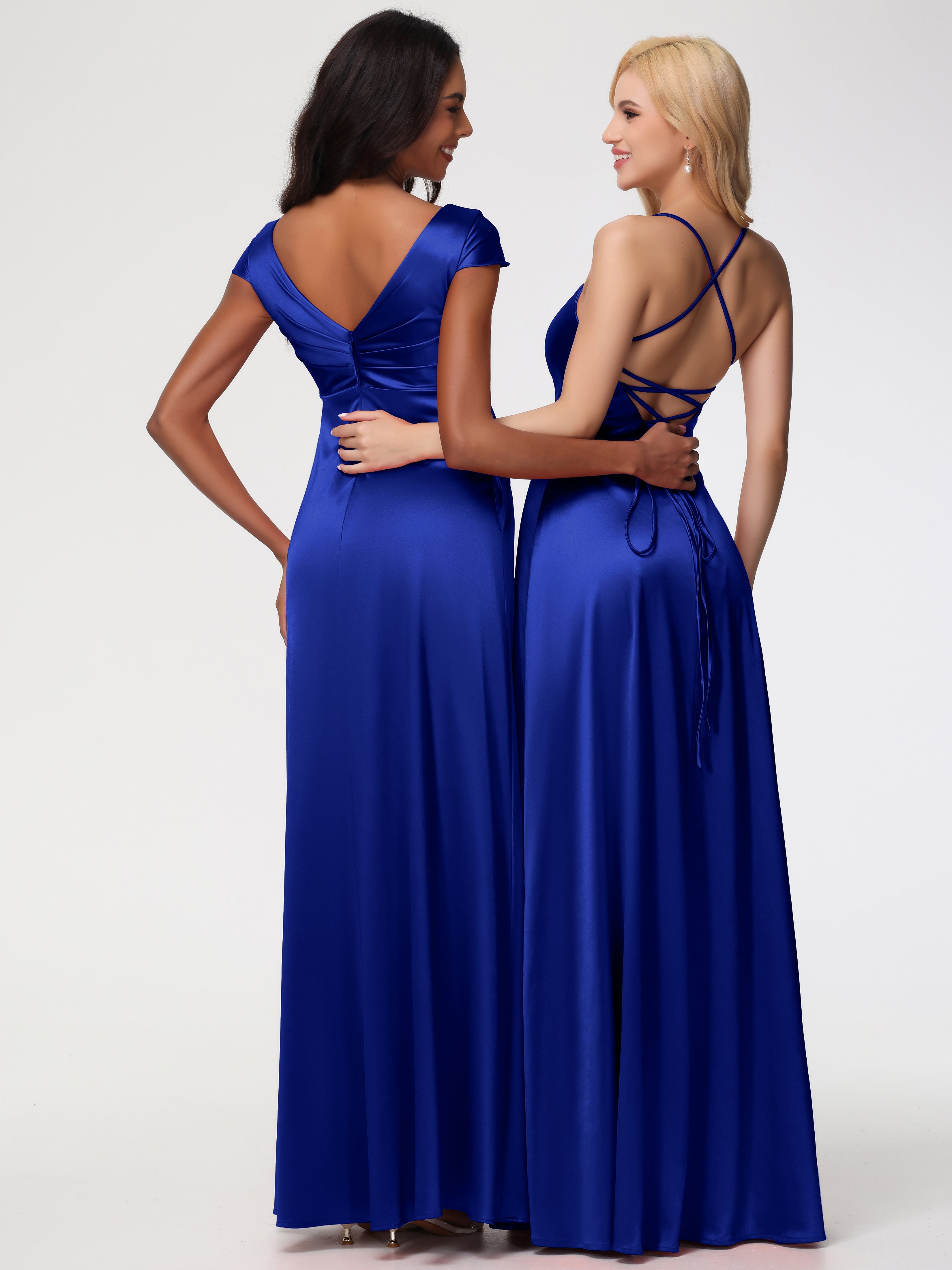 Robe Demoiselle D Honneur Bleu Royal Col V Satin Extensible Robe Demoiselle D Honneur Manche Courte