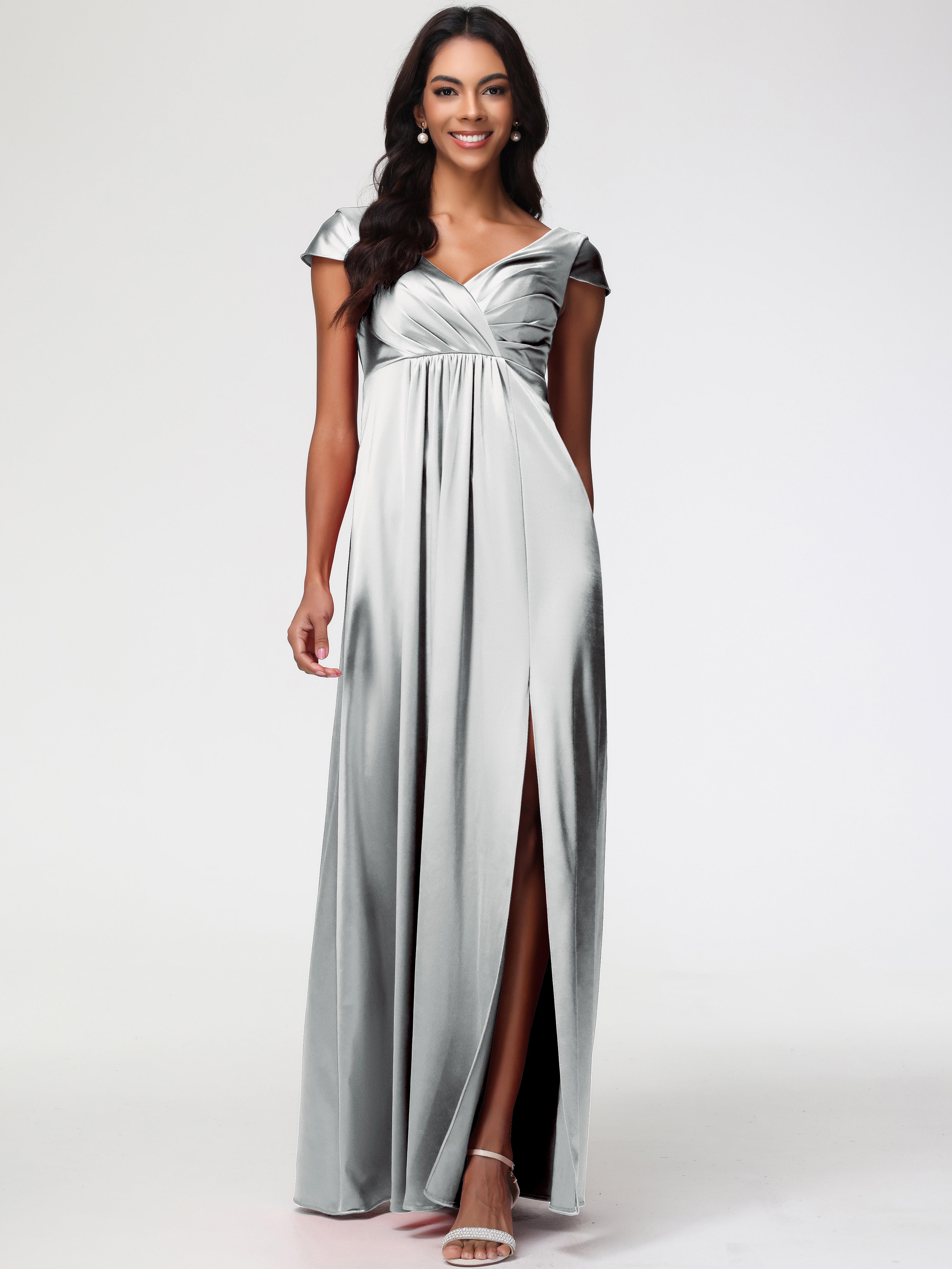 Robe Demoiselle D Honneur Argenté Col V Satin Extensible Robe Demoiselle D Honneur Manche Courte