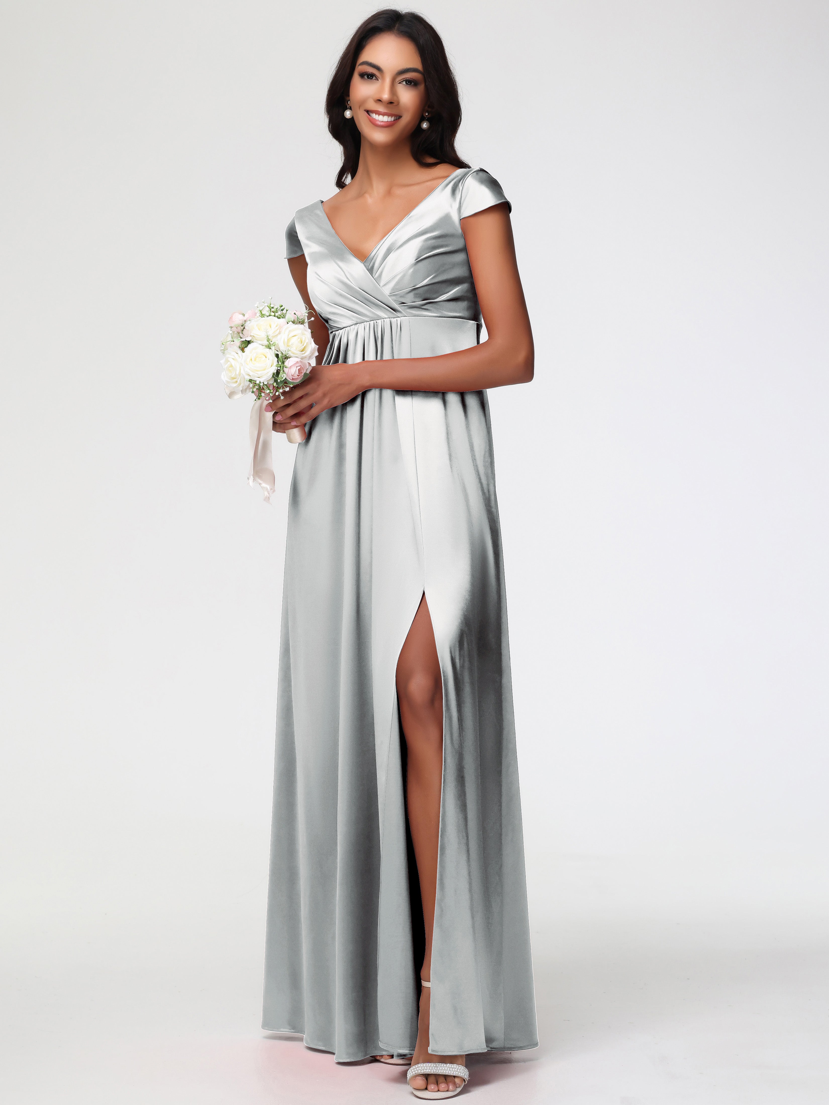 Robe Demoiselle D Honneur Argenté Col V Satin Extensible Robe Demoiselle D Honneur Manche Courte