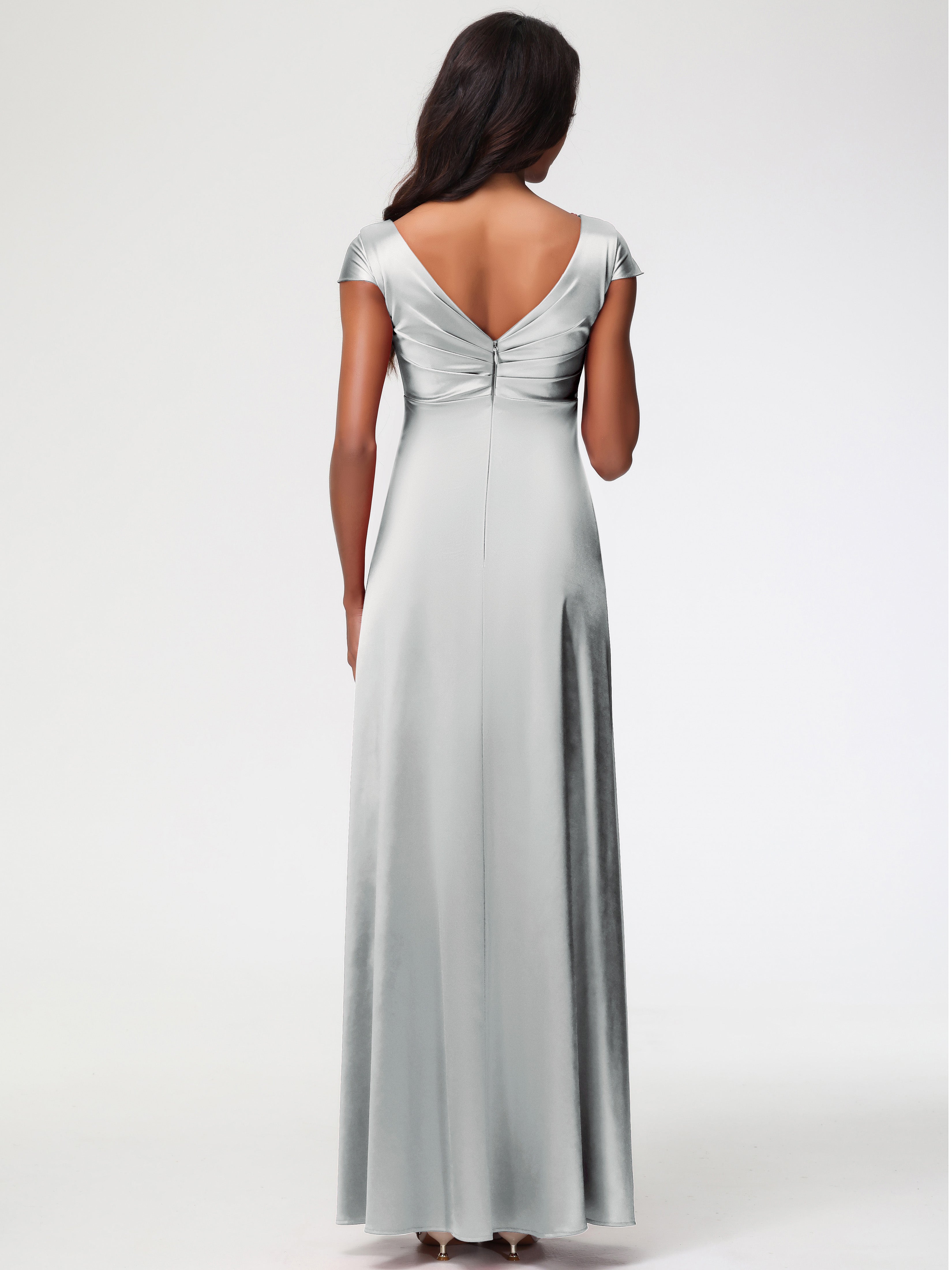 Robe Demoiselle D Honneur Argenté Col V Satin Extensible Robe Demoiselle D Honneur Manche Courte