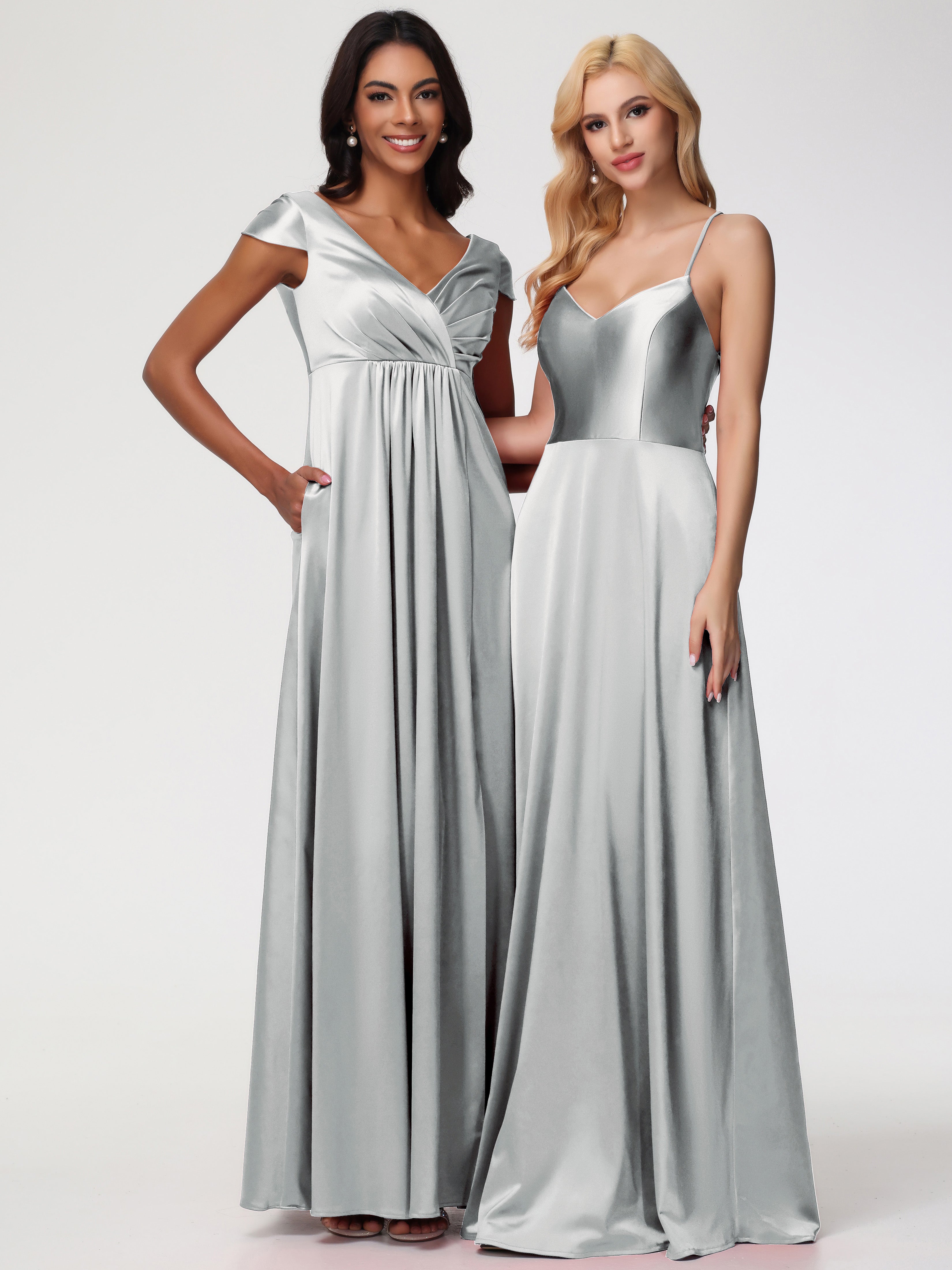 Robe Demoiselle D Honneur Argenté Col V Satin Extensible Robe Demoiselle D Honneur Manche Courte