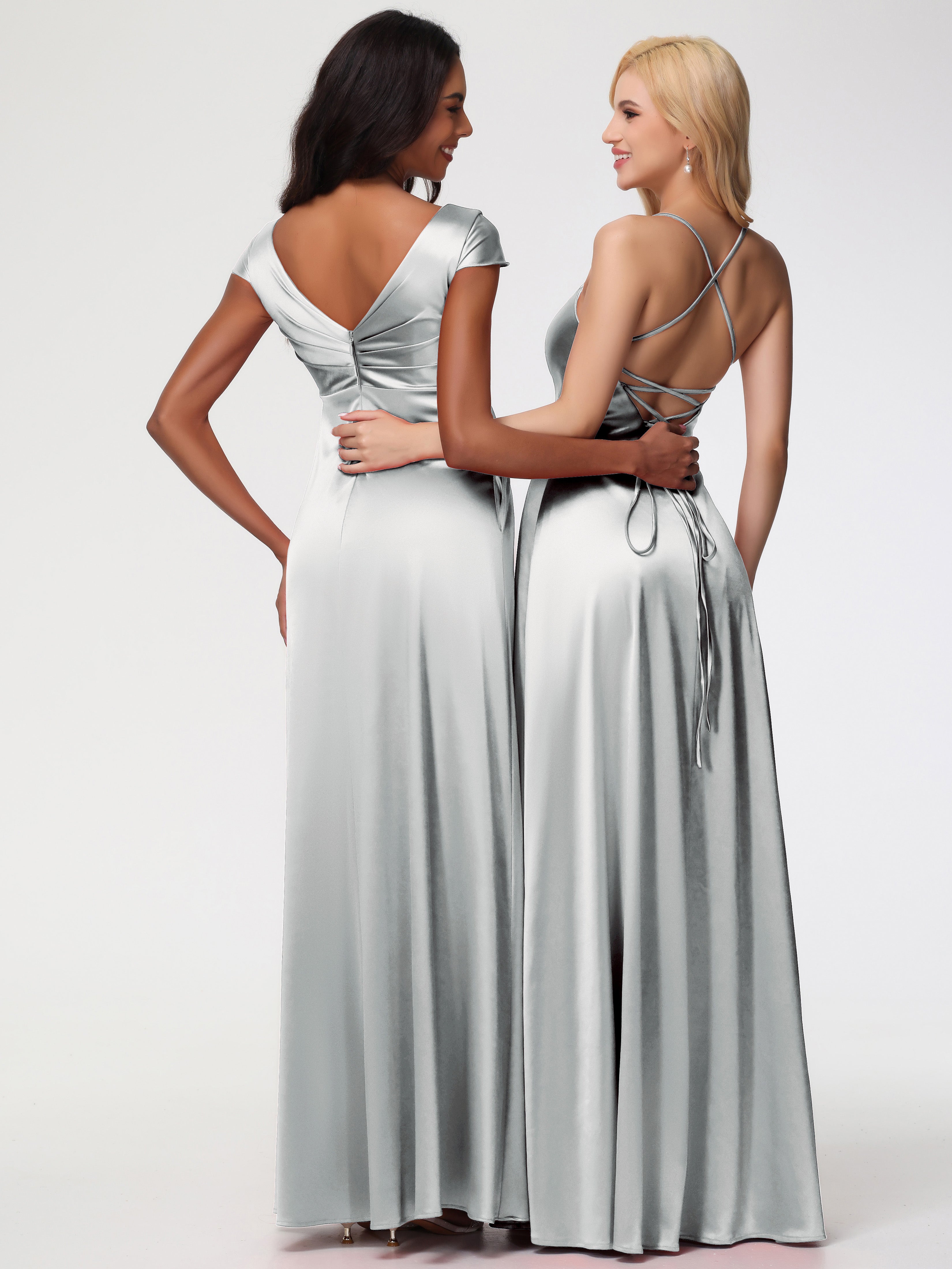 Robe Demoiselle D Honneur Argenté Col V Satin Extensible Robe Demoiselle D Honneur Manche Courte