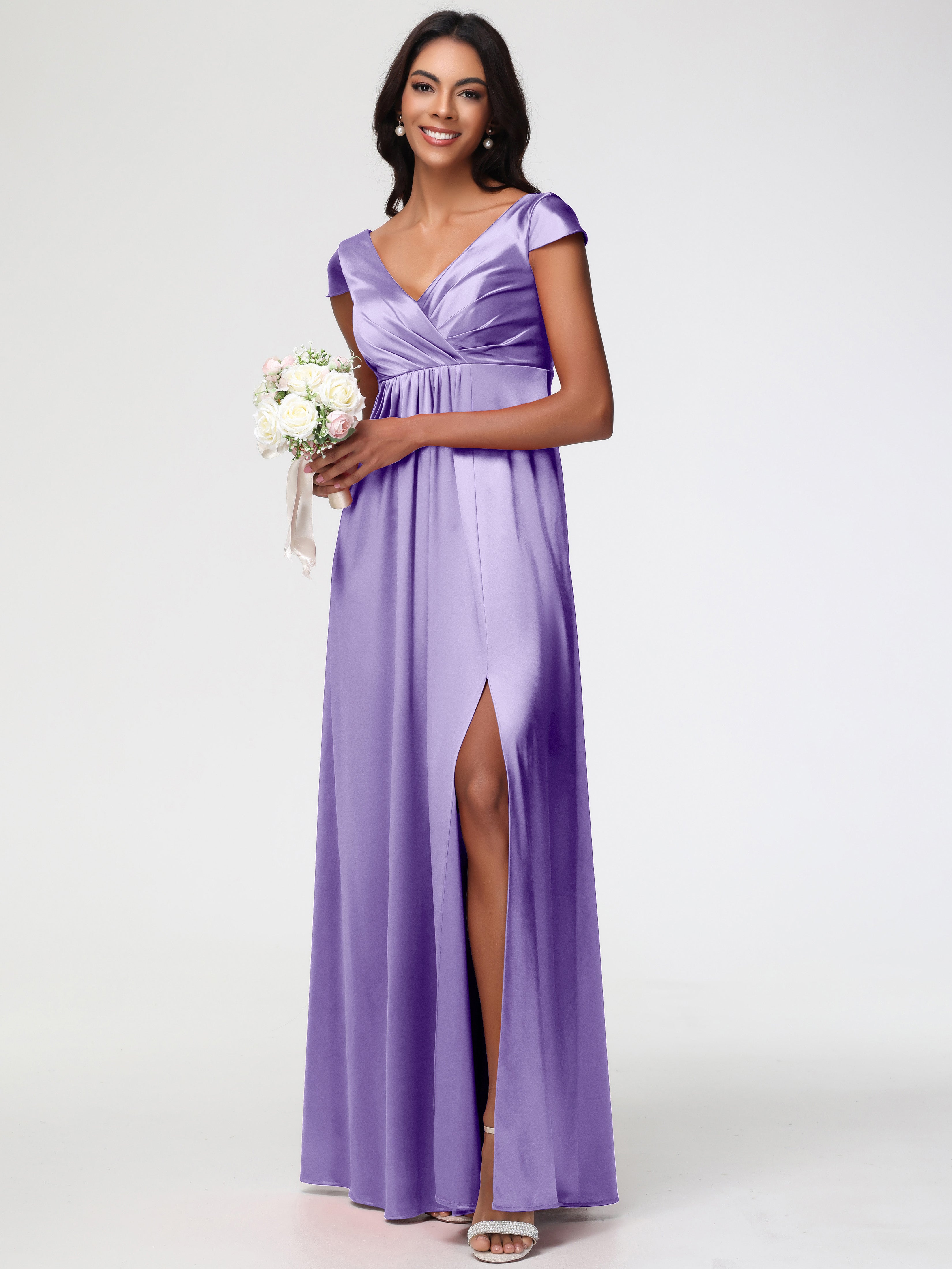 Robes De Demoiselle D'Honneur Tahiti Col V Satin Extensible Robe Demoiselle D Honneur Manche Courte