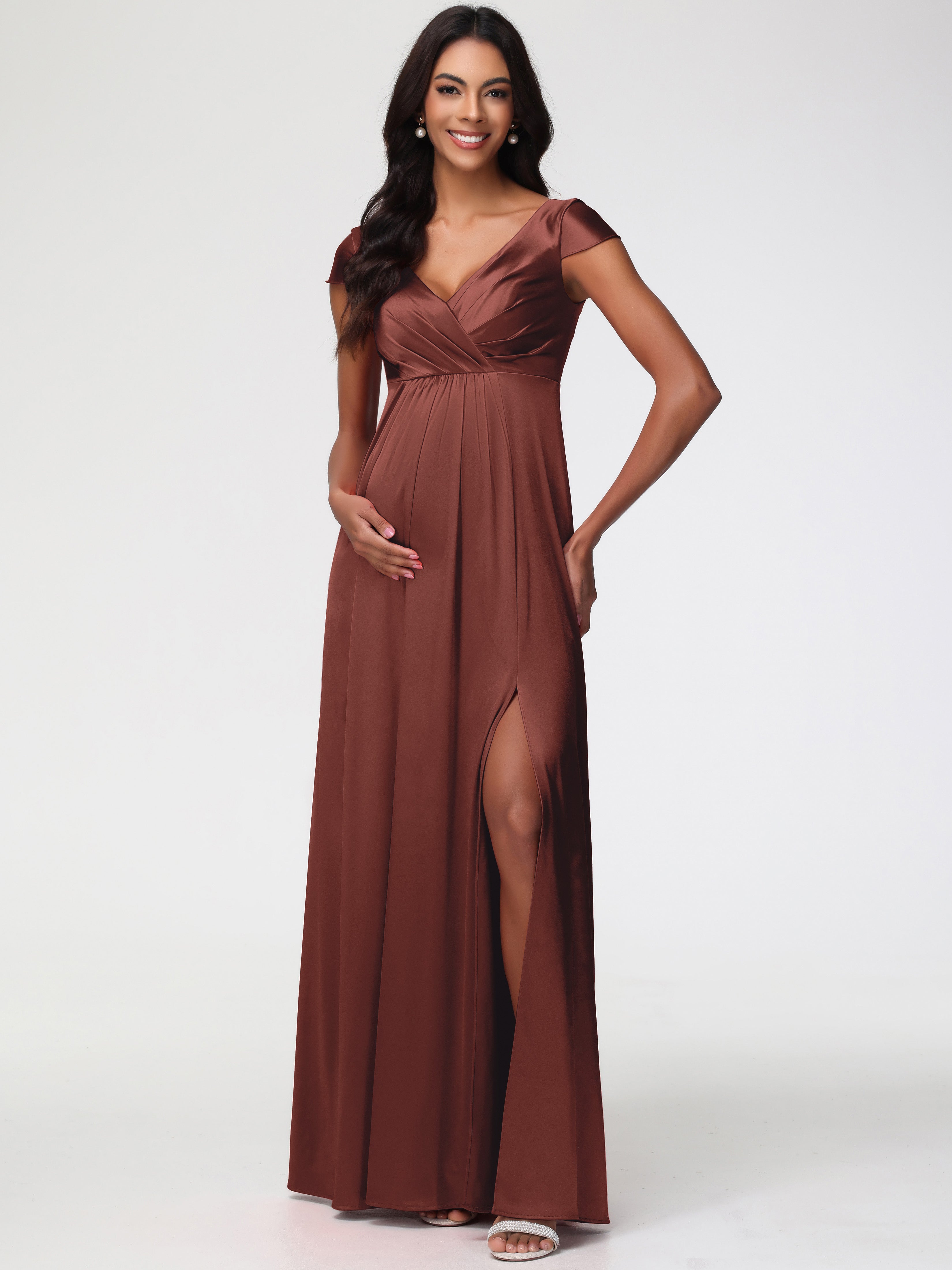 Robe De Demoiselle D Honneur Terracotta Col V Satin Extensible Robe Demoiselle D Honneur Manche Courte