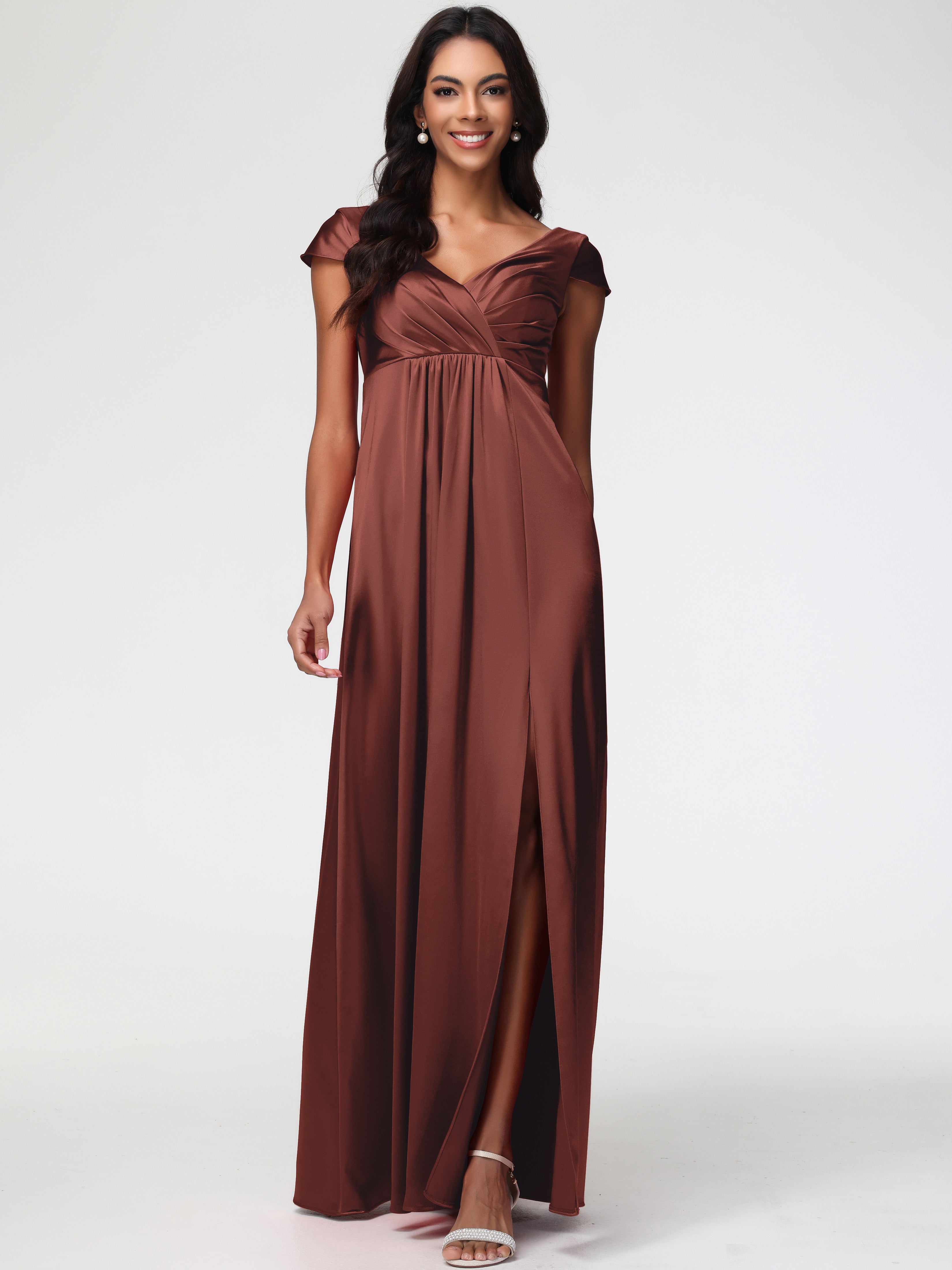 Robe De Demoiselle D Honneur Terracotta Col V Satin Extensible Robe Demoiselle D Honneur Manche Courte