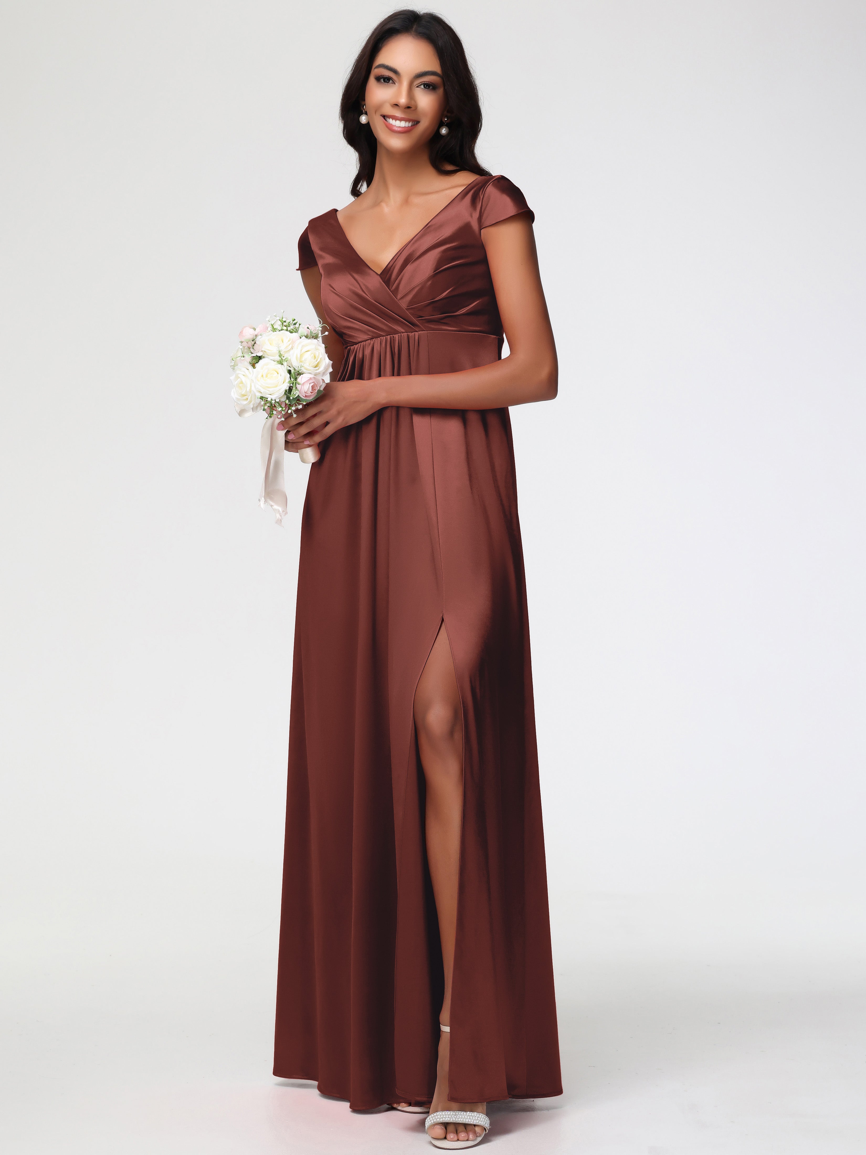 Robe De Demoiselle D Honneur Terracotta Col V Satin Extensible Robe Demoiselle D Honneur Manche Courte