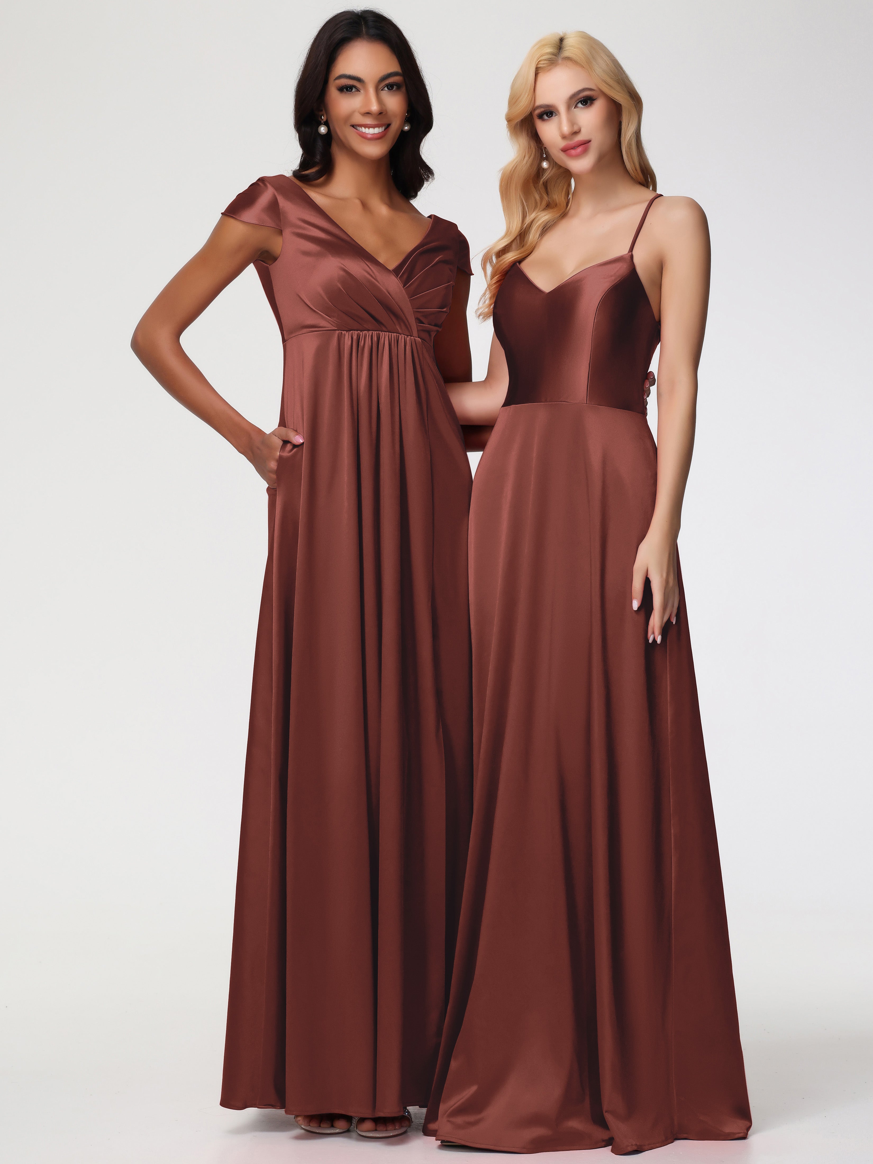 Robe De Demoiselle D Honneur Terracotta Col V Satin Extensible Robe Demoiselle D Honneur Manche Courte
