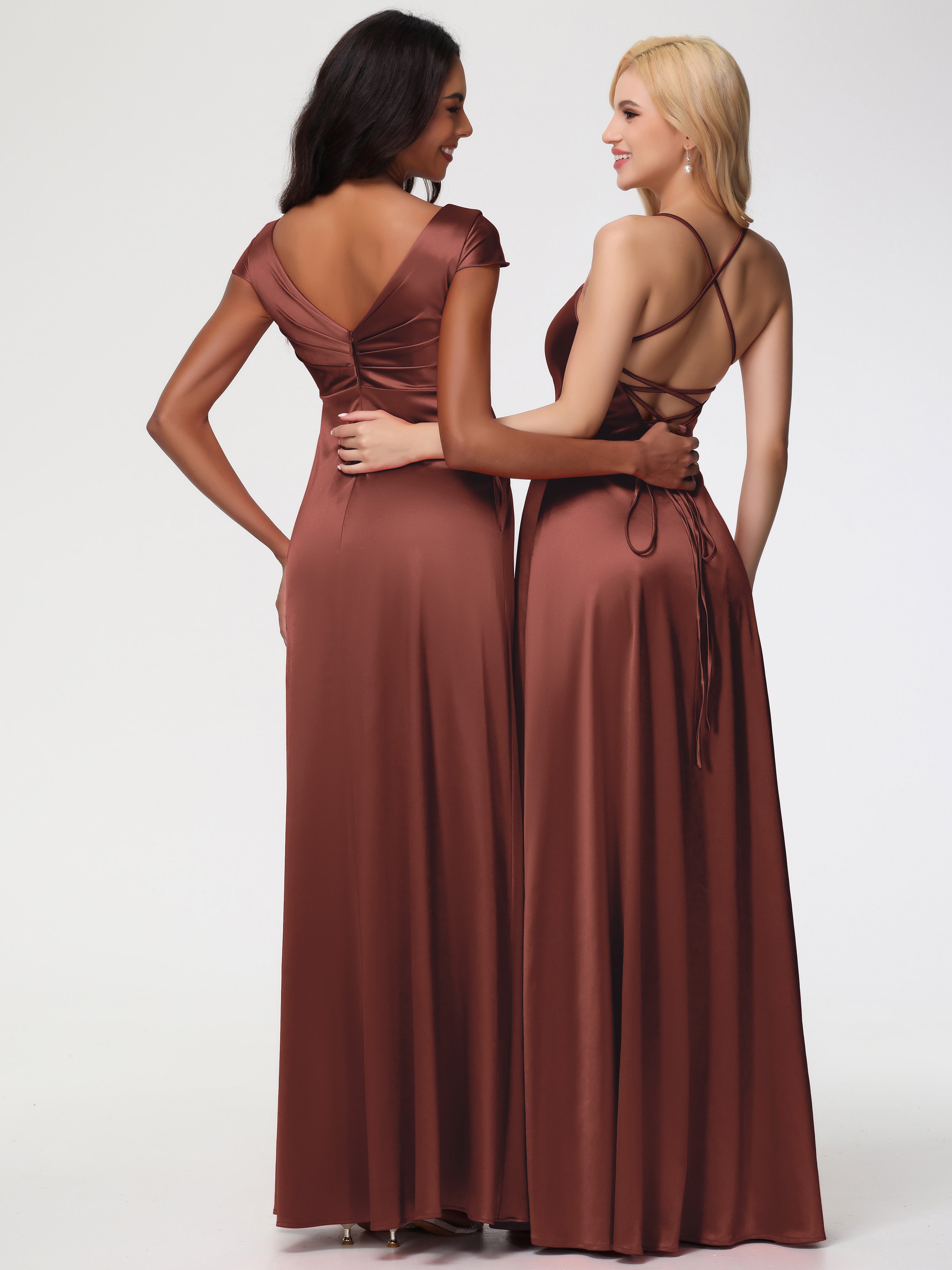Robe De Demoiselle D Honneur Terracotta Col V Satin Extensible Robe Demoiselle D Honneur Manche Courte