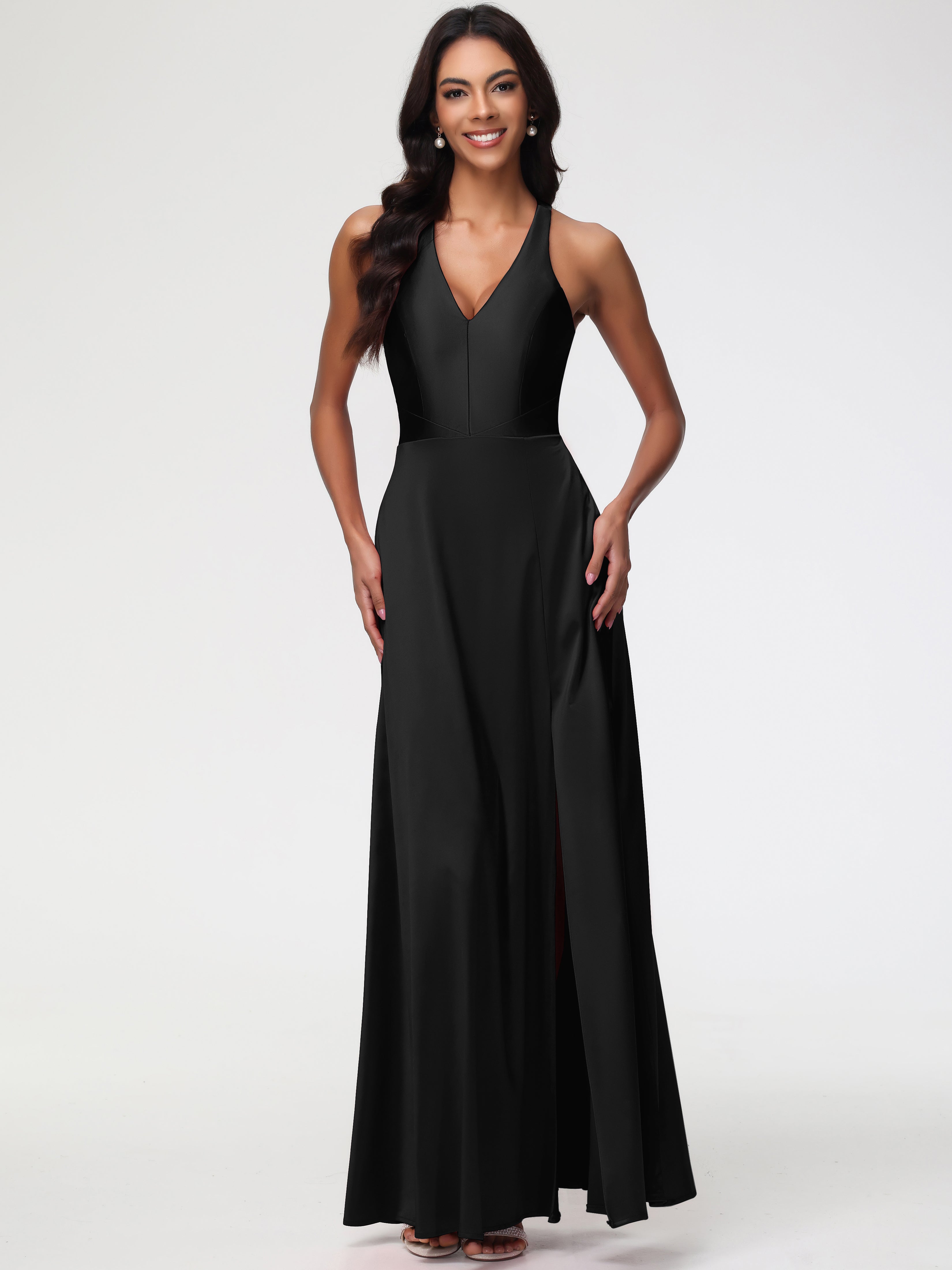Robe De Demoiselle D Honneur Noir Col V Satin Extensible Fourreau/Colonne Robe De Demoiselle D'Honneur